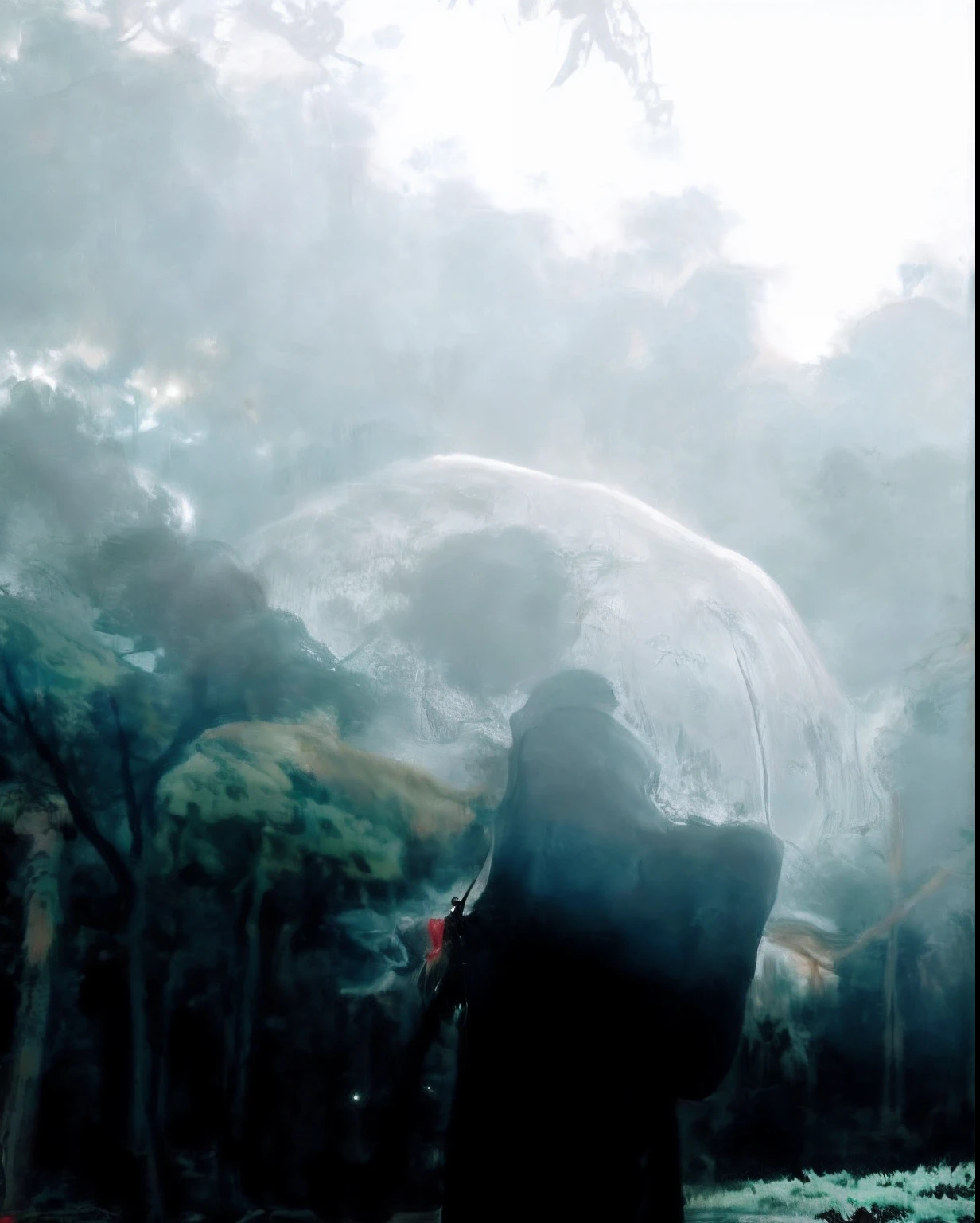 Extreme quality, 真实感 ,realism,organism, , Big Red Moon,((Lots of bats)),1 big bat,natta,ruins,Submerged cities,8k,Realistic lightning,(((​masterpiece)))