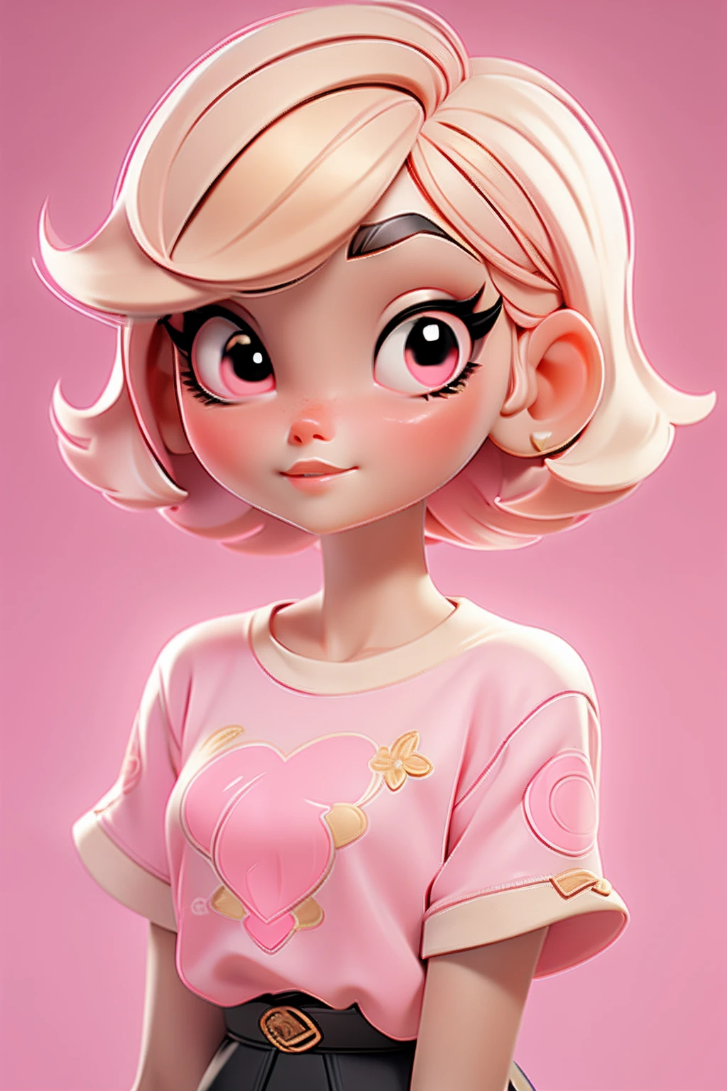 letter, 3D Face Pattern, Sweet and delicate girl, With short dyed hair ,Golden Girl,black makeup,long lashes,pink t-shirt