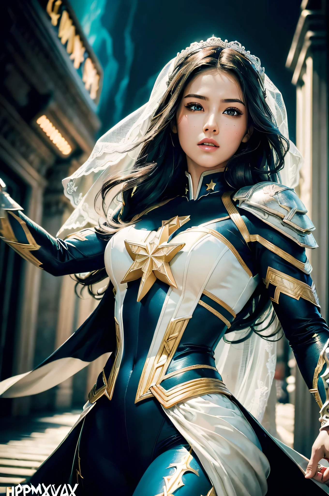 wedding day, best quality, masterpiece, (realistic:1.2), detailed face, beautiful eyes, (masterpiece, top quality, best quality, official art, beautiful and aesthetic:1.2), (1girl:1.4), extreme detailed, (Captain Mavel Comic cover art:1.1), (Action painting:1.2), (concretism:1.2), theater dance scene, (hypermaximalistic:1.5), colorful, highest detailed,