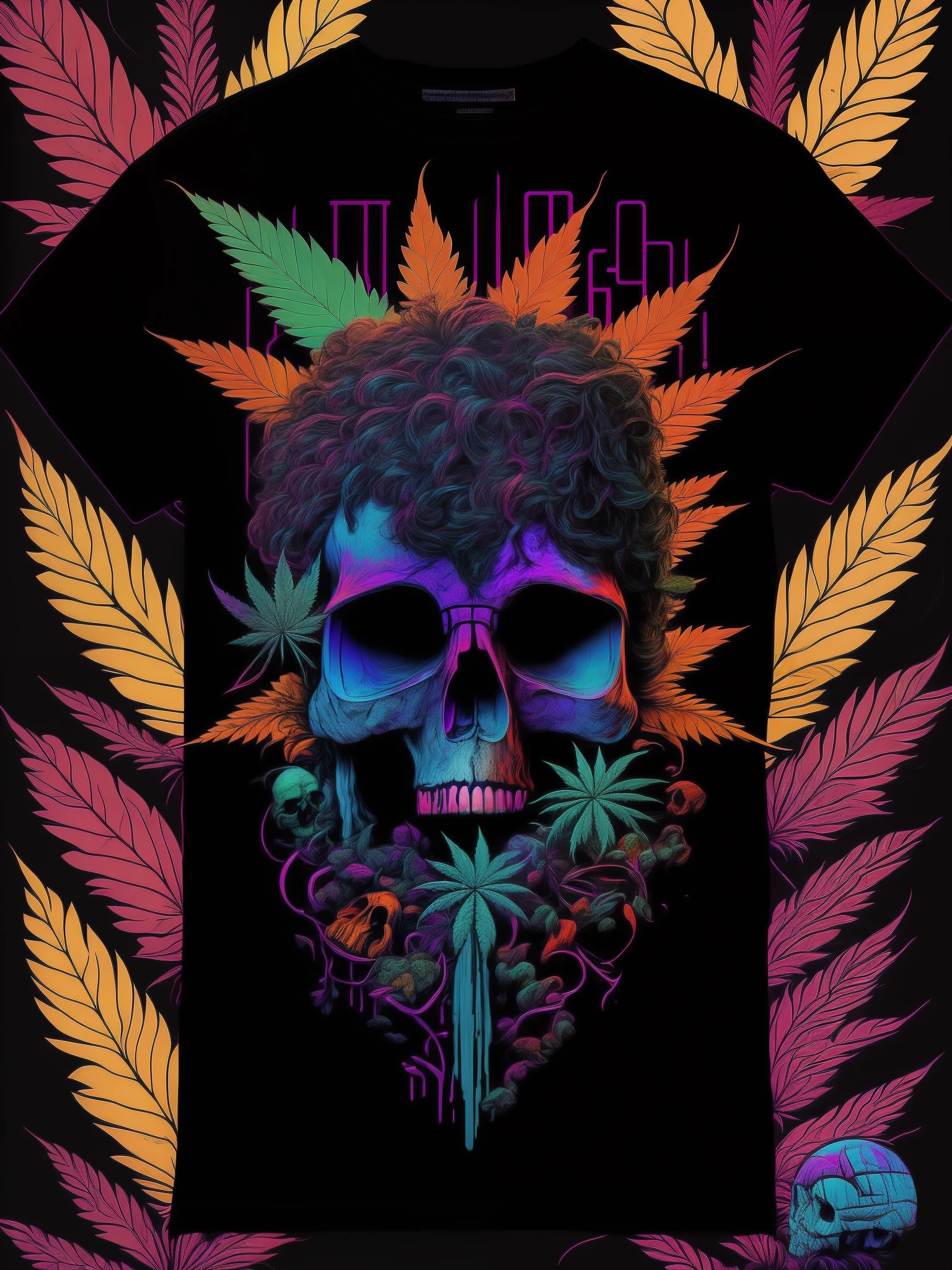 skull, mThe combination of the skull, marijuana, 80's vector image, and T-shirt design creates a visually striking piece. The contrast between the skull and the marijuana leaf represents rebellion and counterculture. The use of the 80's vector image style adds a touch of nostalgia, reminding viewers of a vibrant era. The T-shirt design's bold colors and intricate detailing demand attention. Placing the skull and marijuana leaf on a black background further emphasizes their significance. The blue, orange, and purple hues in the illustration bring depth and vibrancy to the overall composition. This design is perfect for those who want to make a bold artistic statement.