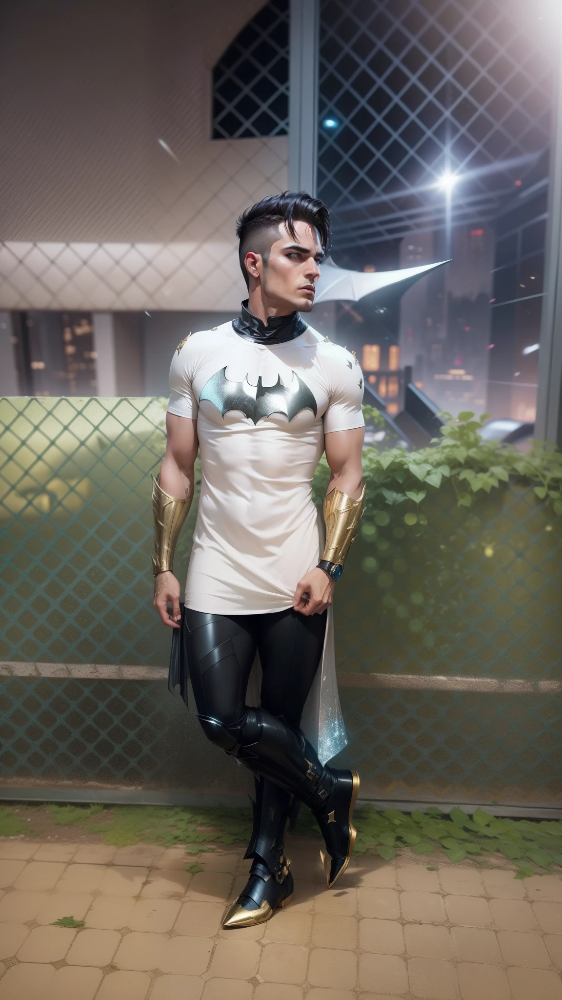 Futuristic Batman with armor made of metallic gold, tiro de close up, cinematographic scene, Detalhes super finos, disco Rigido, lente potrait