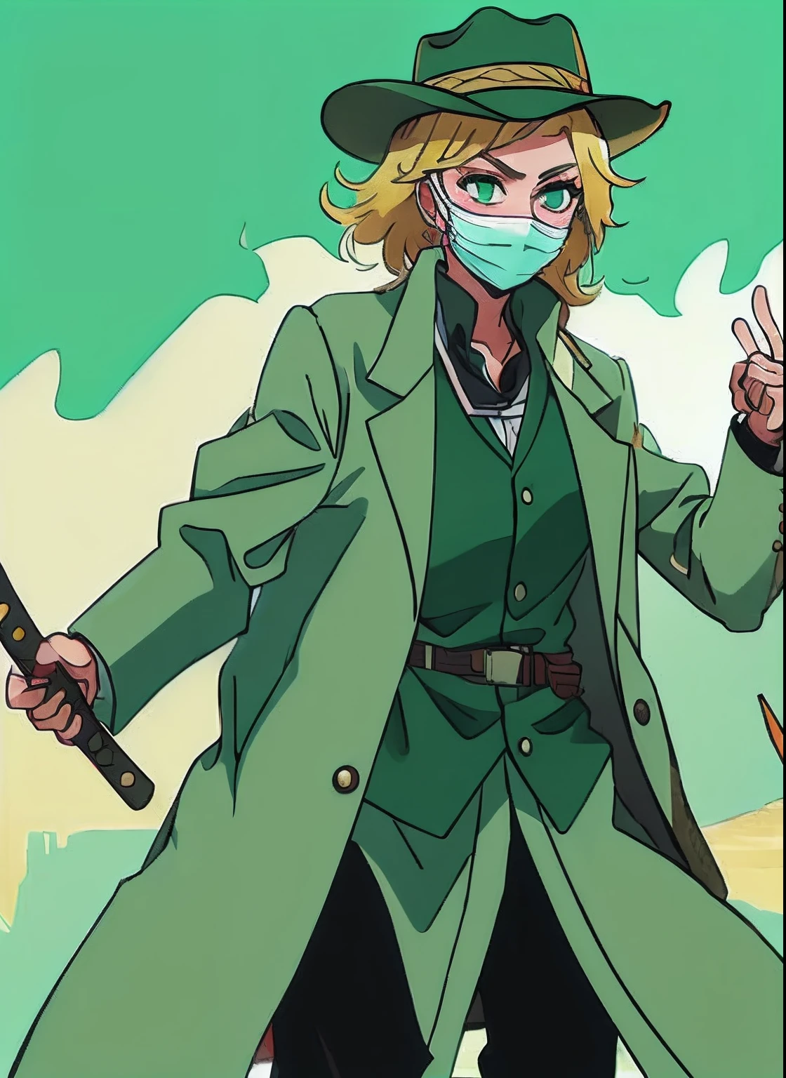 holding katana, holding handgun, cowboy hat, solo female, blonde hair, face mask, green eyes, longcoat,
