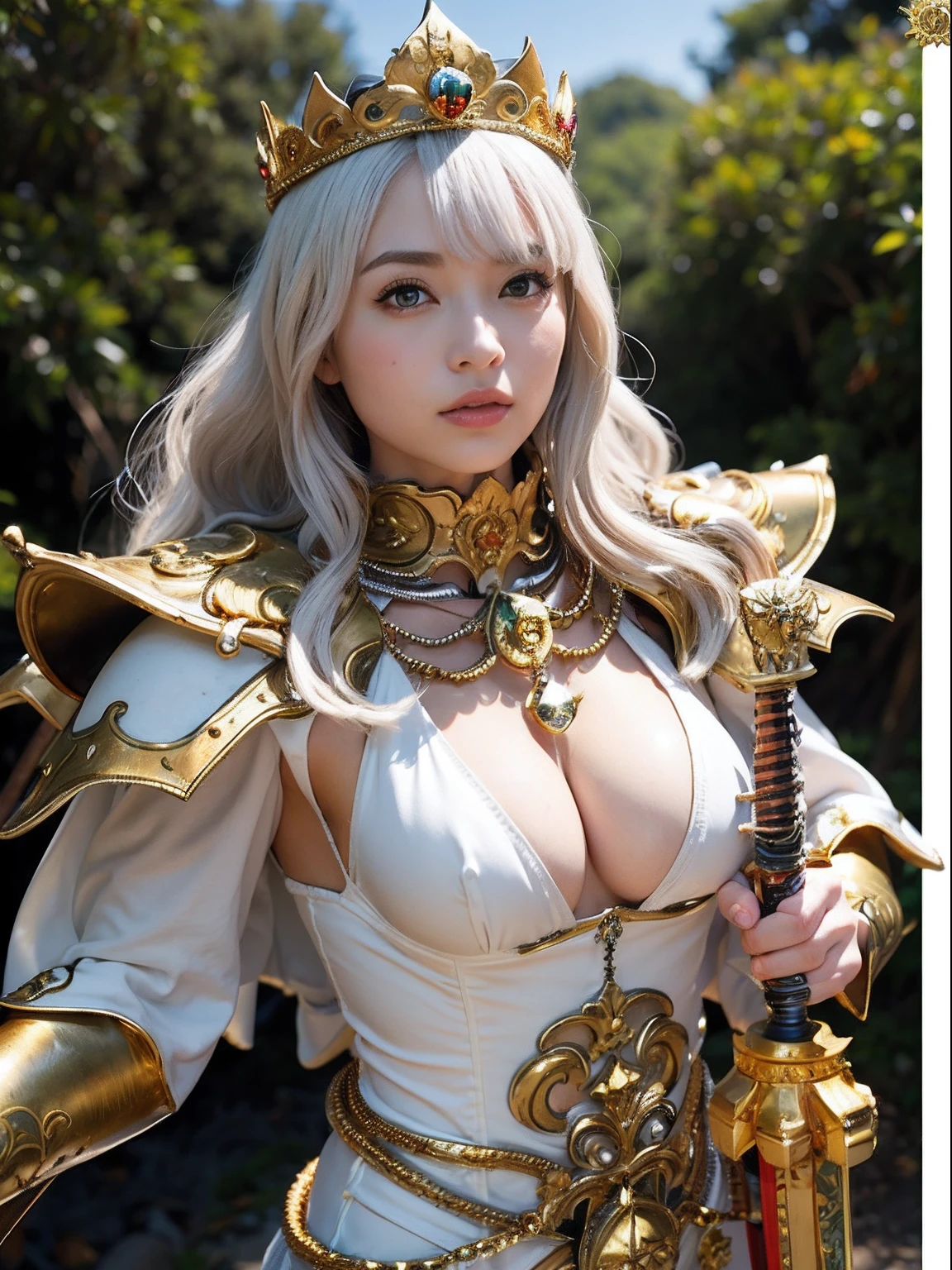 Professional , ​masterpiece、top-quality、photos realistic , depth of fields （Gemstone White Metal Body:1.９),(Matte White、Jewel Gold Weapon（Jewel Metal Body:1.４),Gorgeous metal weapons ,（（ Detailed and gorgeous sword of the brave）） , Beautiful knife   ,warhammer 40k ,Detail and ornate jewel crown、（（Micro Bikini Armor））、（（Gangle's forest background））、Beautiful Caucasian beauty、１a person、dynamic ungle,(((Detailed and ornate diamond crown)))、Smaller head、A smile、Background inside the castle、Thin and beautiful female hands、cleavage of the breast、Soldier in iron armor on background、Mystical expression、Light Effects、intense fighting、Wind-effect、magic circles、With the legendary magic wand、（wings of light）、Toostock、Anatomically correct body、