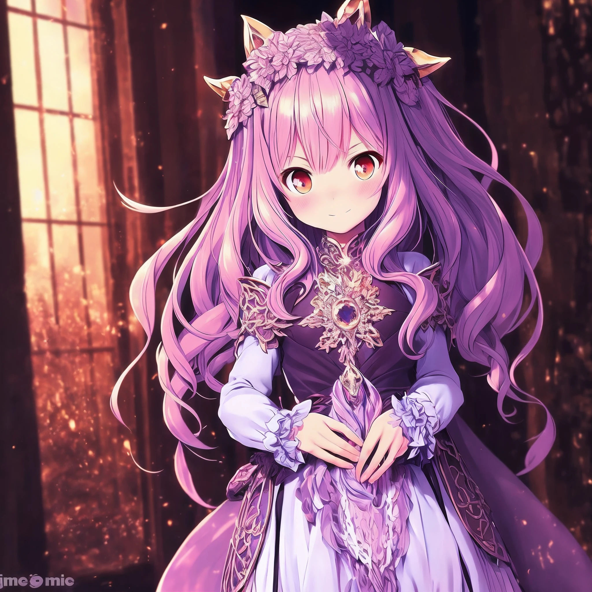 (obra maestra) (La mejor calidad) In a dark room of a strange reddish mist and golden sparks emerges a beautiful and beautiful witch of demonic appearance and great magical powers. Her hair is being lifted upward by a mysterious wind.