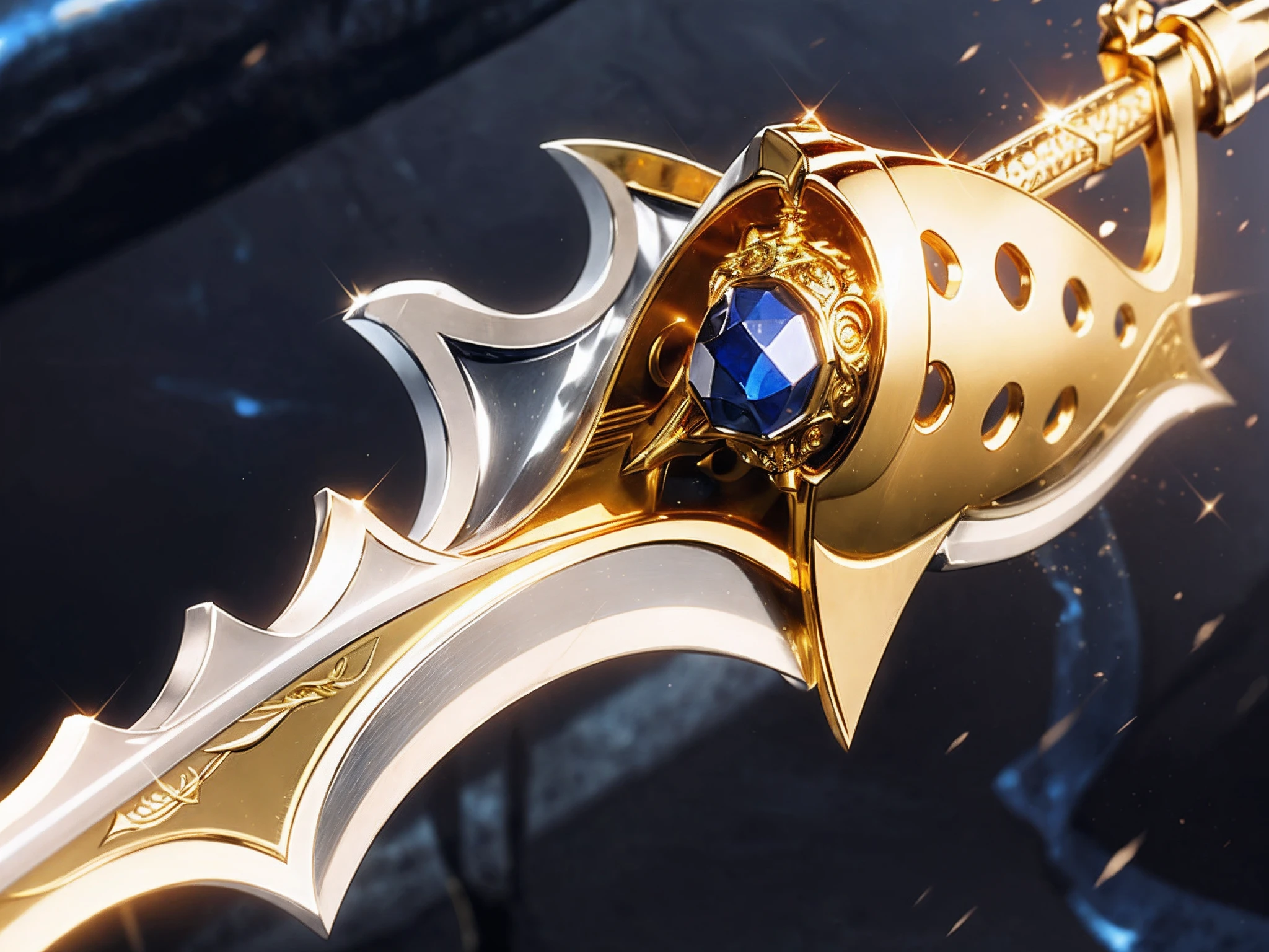 There is a golden-blue sword,blue colored eyes, , Golden sword, Sharp blade,Holy Sword,A double-edged sword,jagged sword,Metal blades