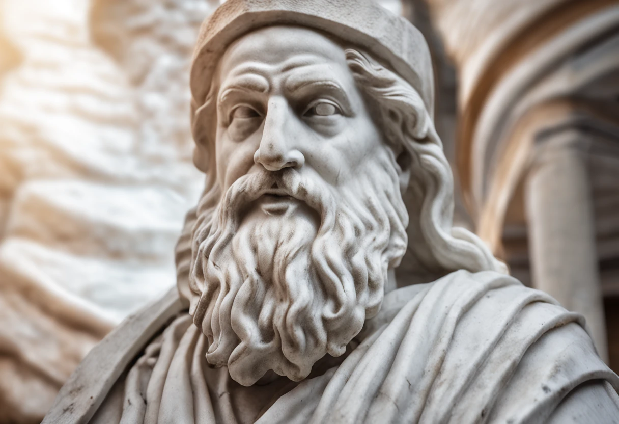 White marble statue of wise man with the style of the Greek beard philosopher in the museum. Atmosfera escura, ato contraste de u e sombra, fotografia profissional, Utra realista
