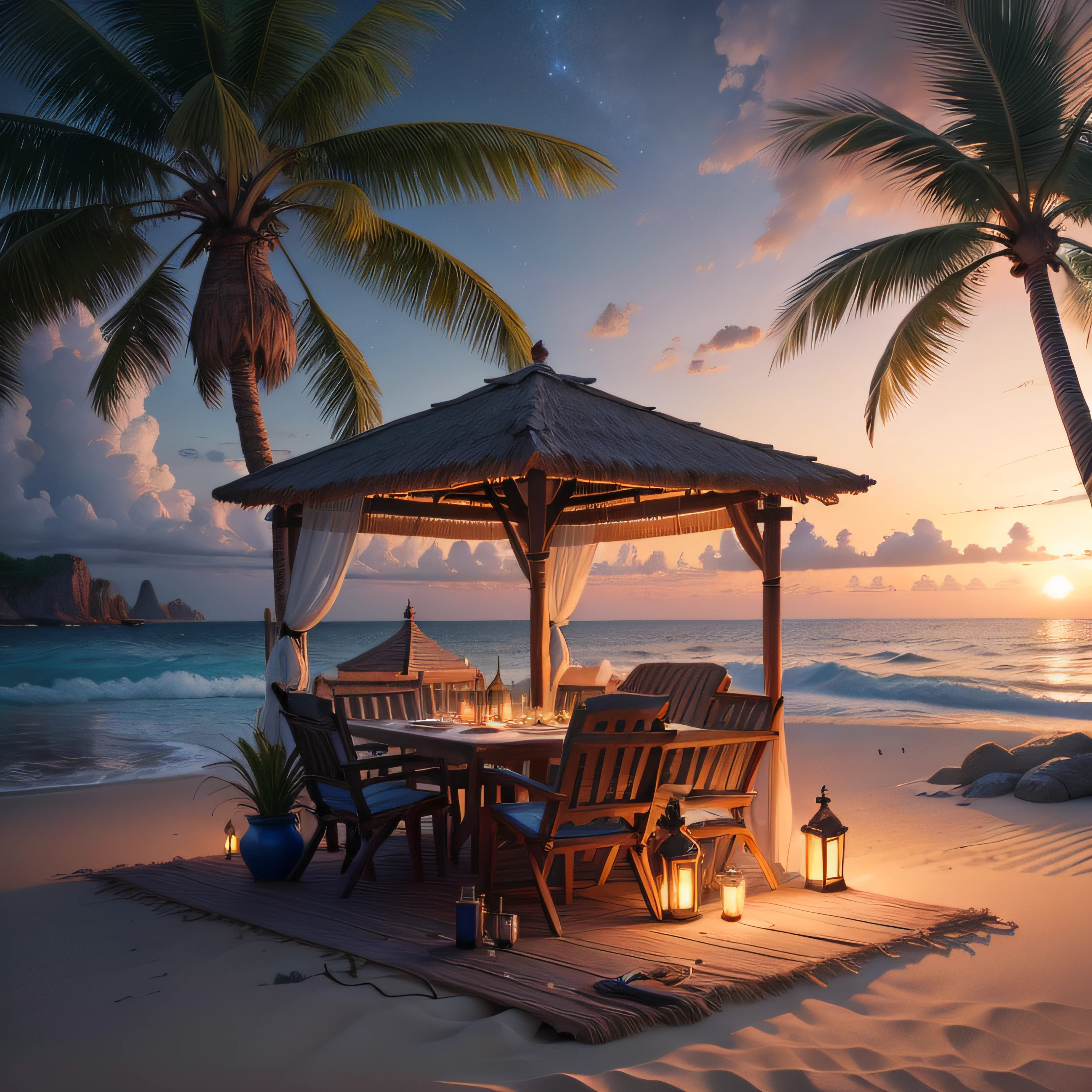 "(Highest picture quality), (Prioritizing the exceptional image quality and astonishing level of detail), generate an awe-inspiring (photorealistic:1.1) a scenery, bottle of rum, beach, moonlight, lights, palm trees, night, tiki torches, nautical, reiq, Sharp focus, render, octane, detail, award-winning photography, masterpiece, rim lighting."