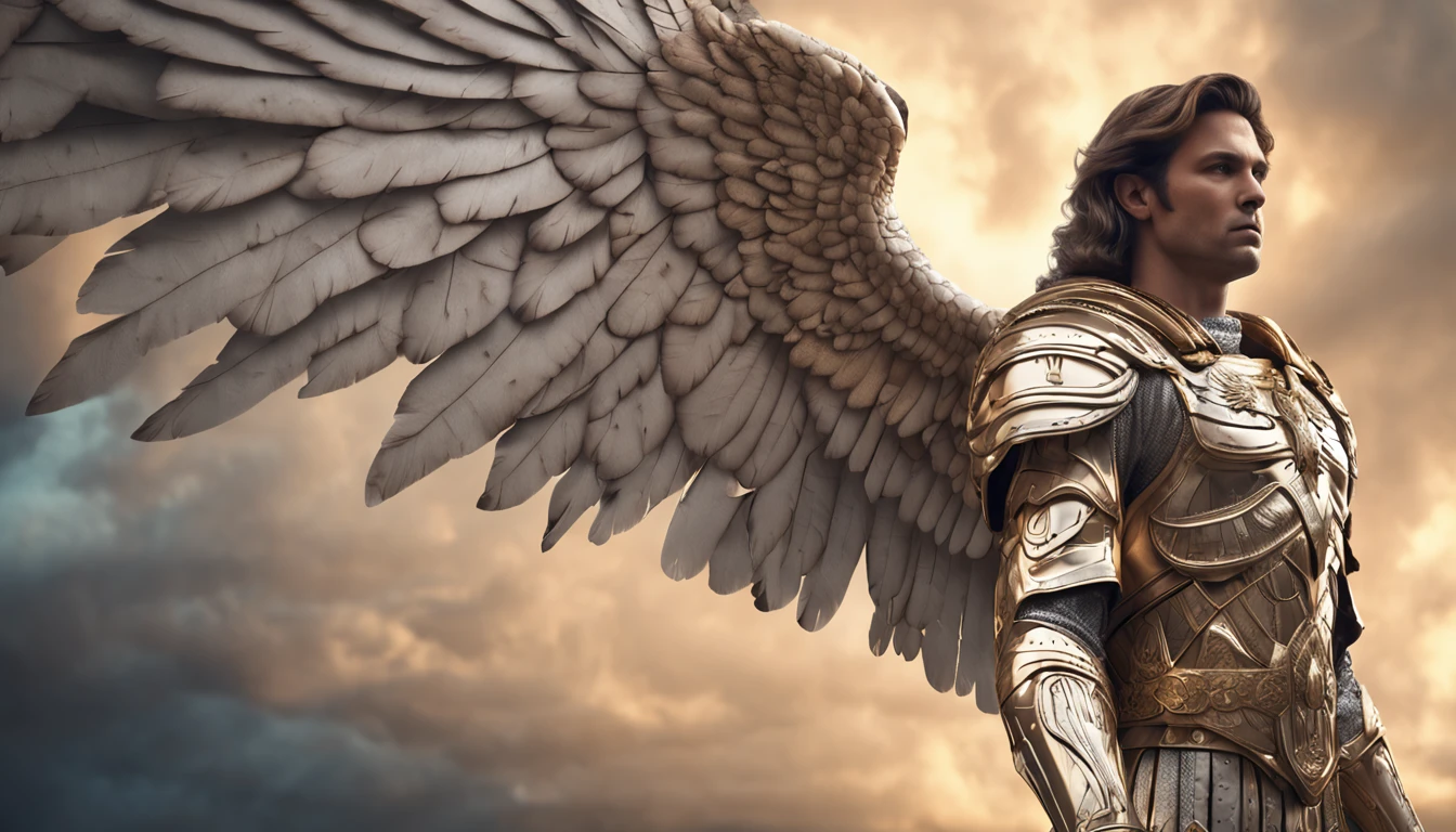 a Male character, the Archangel Michael, Celestial image, intricate details, realistic, BEIGE and large wings, Celestial background, Catholic illustrative image of the Archangel Michael, Male Character of the Bible, Michael is Wearing his Angelic Armor, Maximum details and his STRONG face and angelic wings, Perfect realistic skin, Maximum image quality, Miguel he is highlighted in the Image with strong and flashy colors.