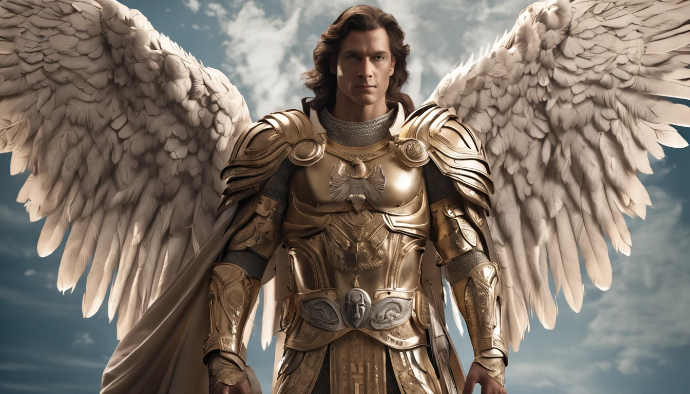 a Male character, the Archangel Michael, Celestial image, intricate details, realistic, BEIGE and large wings, Celestial background, Catholic illustrative image of the Archangel Michael, Male Character of the Bible, Michael is Wearing his Angelic Armor, Maximum details and his STRONG face and angelic wings, Perfect realistic skin, Maximum image quality, Miguel he is highlighted in the Image with strong and flashy colors.