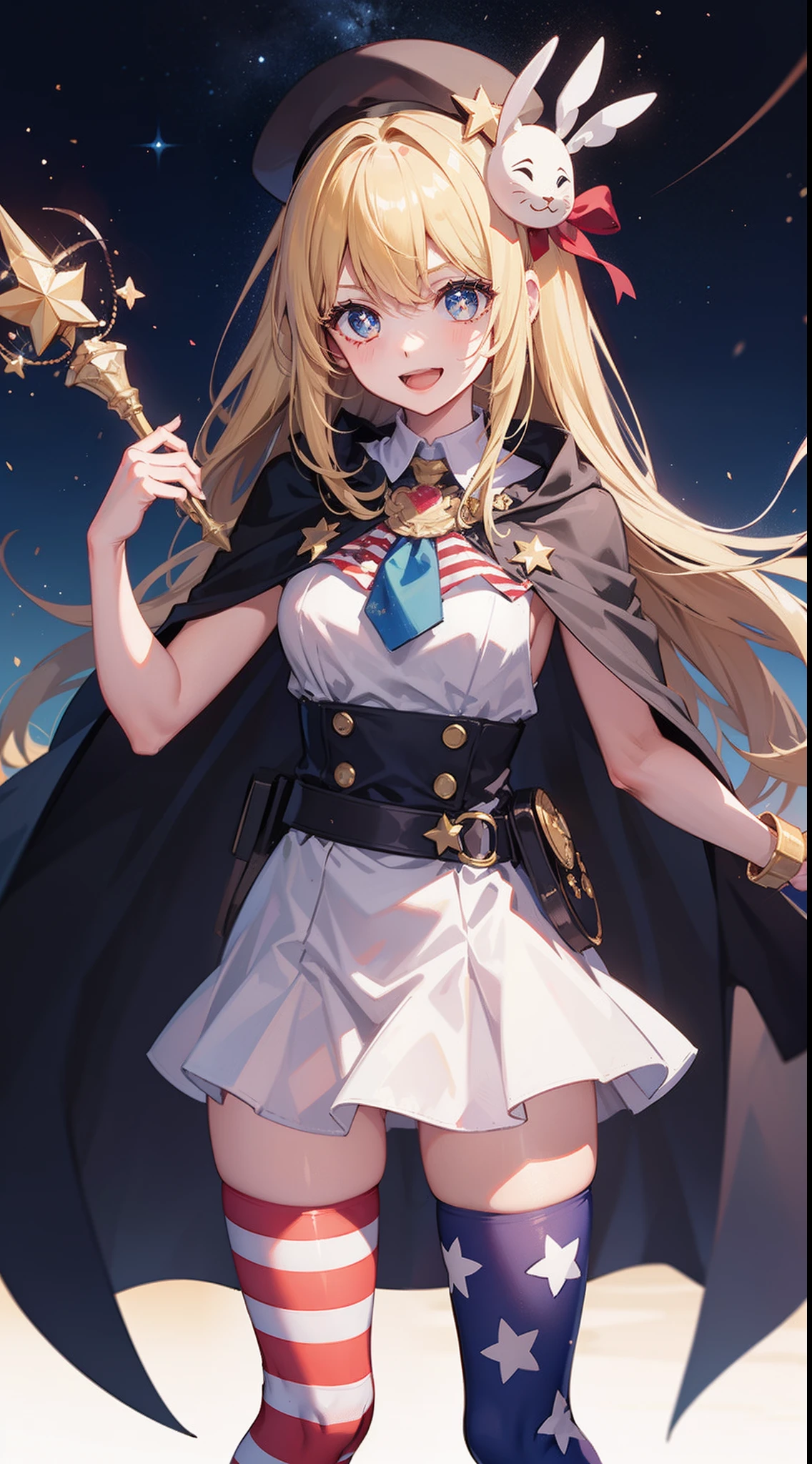 1girls, american_flag, american_flag_dress, american_flag_legwear, american_flag_print, belt, black_cape, blonde_hair, blue_eyes, cape, hat, jester_cap, long_hair, looking_at_viewer, mask, multiple_girls, neck_ruff, open_mouth, smile, star_(symbol), star_hair_ornament, star_print, striped, striped_legwear, superhero, thighhighs, wand,
