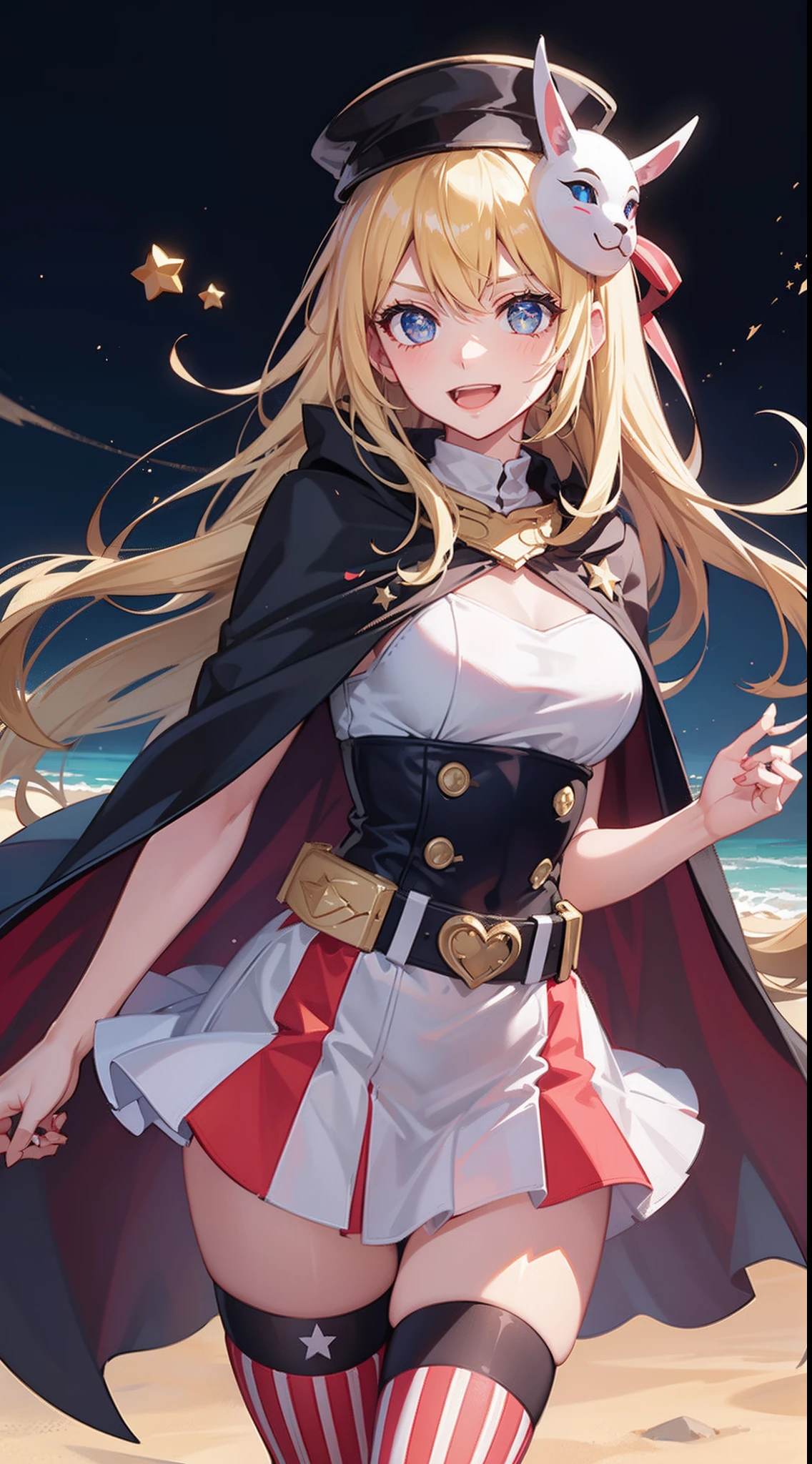 1girls, american_flag, american_flag_dress, american_flag_legwear, american_flag_print, belt, black_cape, blonde_hair, blue_eyes, cape, hat, jester_cap, long_hair, looking_at_viewer, mask, multiple_girls, neck_ruff, open_mouth, smile, star_(symbol), star_hair_ornament, star_print, striped, striped_legwear, superhero, thighhighs, wand,