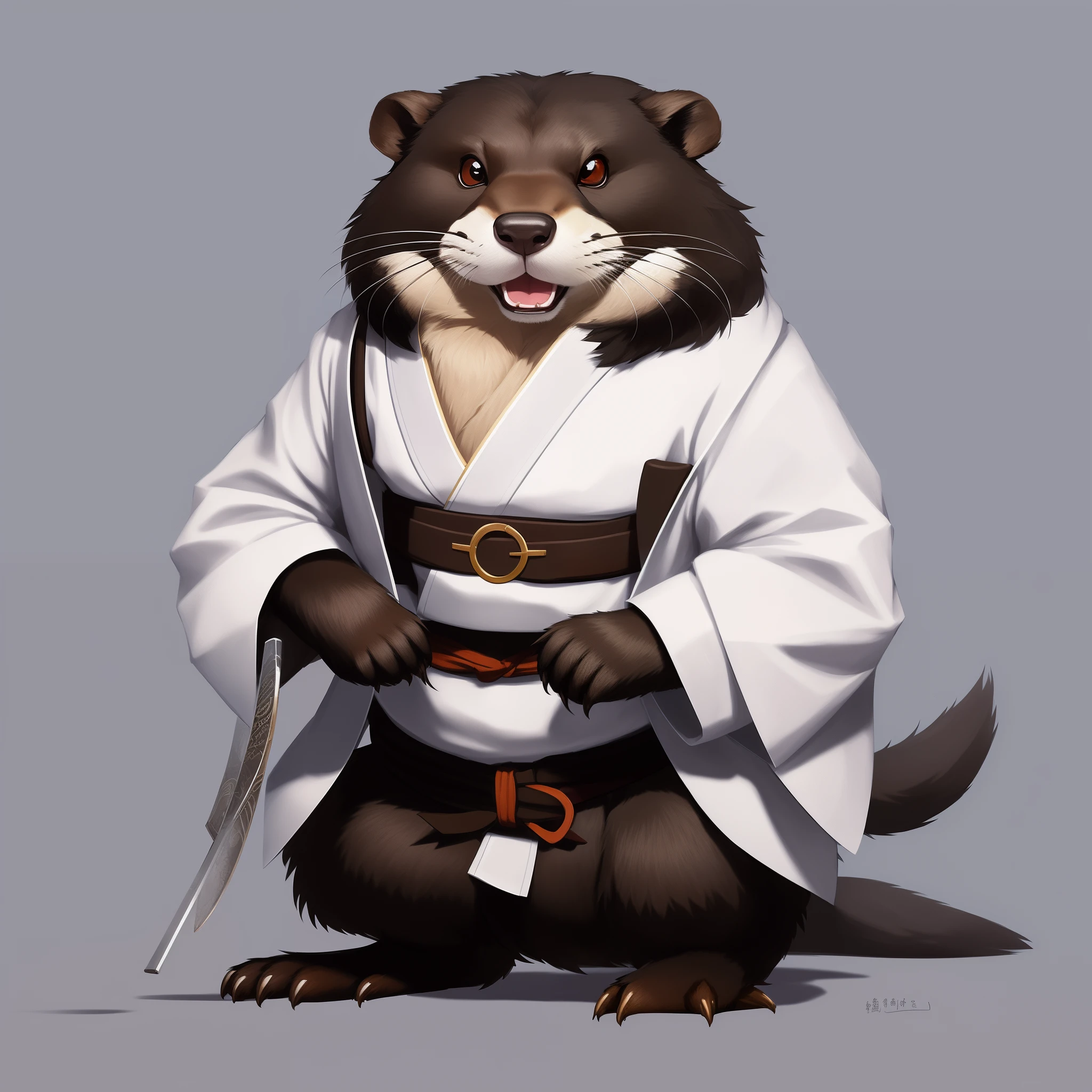 Close-up of a beaver in a white kimono with a black belt in a fighting pose, Anthropomorphic beaver in costume, Master Splinter, anthropomorphic furry otter, Anthropomorphic beaver, Beaver Warrior, furry fantasy art, concept art by Feng Zhu, adorable digital painting, Paul Lung, Feng Zhu |, furry character, furry character portrait