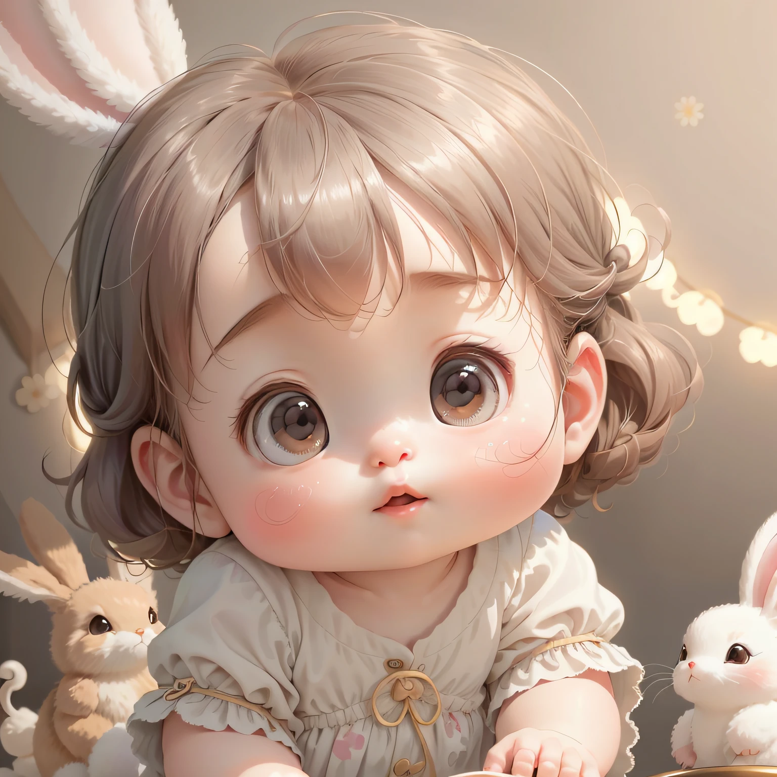 (Extremely cute and delicate CG illustration, Ultra-detailed and ultra-high-quality),A cute girl,Chinese babyl,Giant rabbit as background,1girll