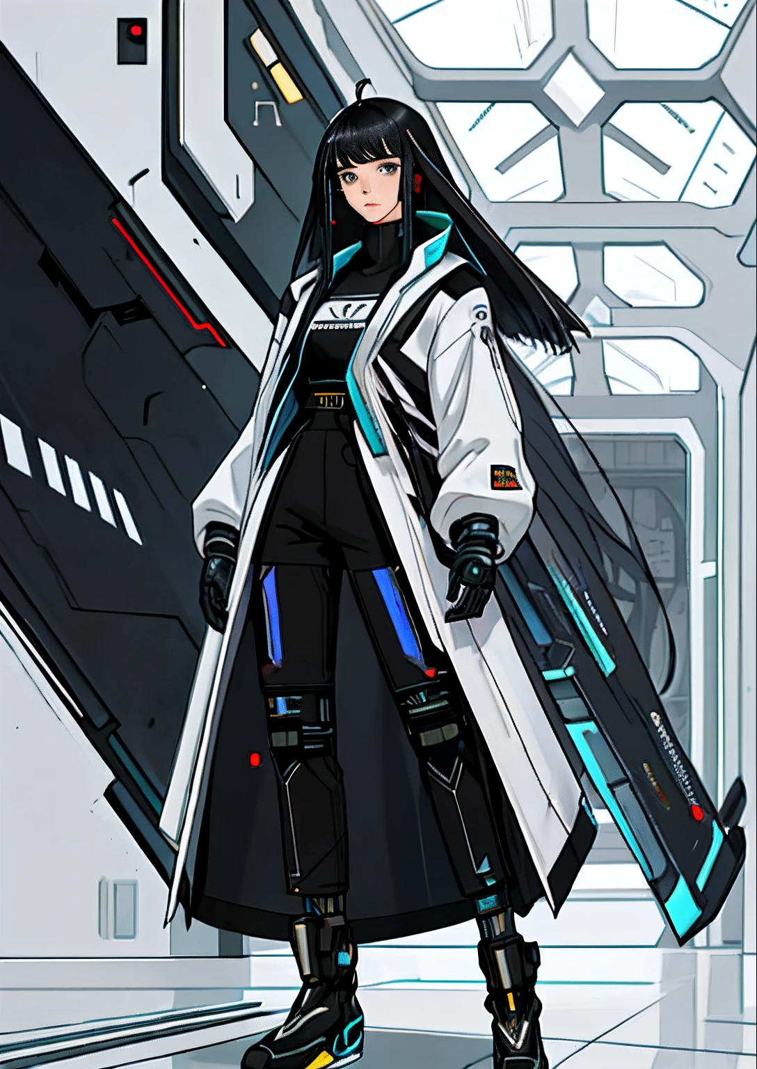 cyber punk perssonage,beuaty girl,16 yaers old,High picture quality,Exquisite,Black color hair,Gray eye,mid - length hair,hair straight,incomparable beauty,Modern style clothing,M-shaped bangs,White clothes,full bodyesbian,The proportions are normal,Standing painting