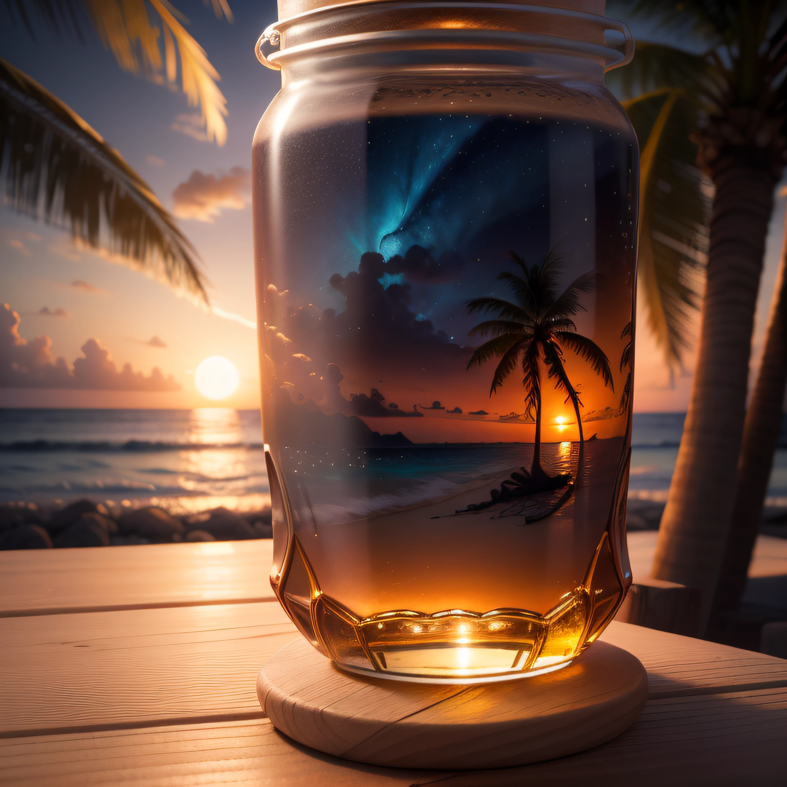"(Highest picture quality), (Prioritizing the exceptional image quality and astonishing level of detail), generate an awe-inspiring (photorealistic:1.1) a scenery, bottle of rum, beach, moonlight, lights, palm trees, night, tiki torches, nautical, reiq, Sharp focus, render, octane, detail, award-winning photography, masterpiece, rim lighting."