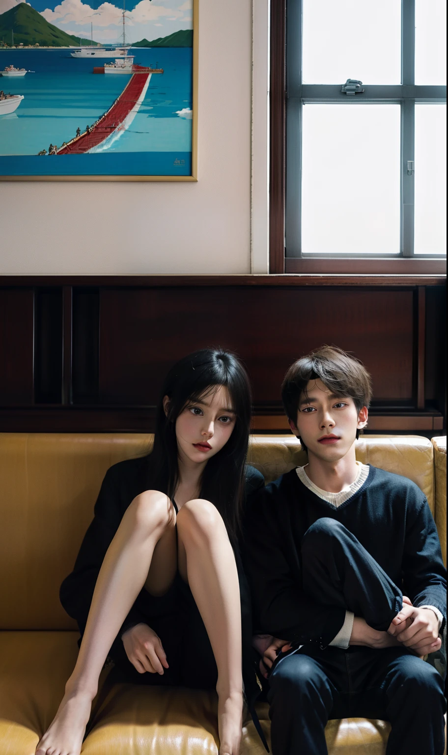 There was a woman and a boy sitting on the couch, a picture by Shingei, Pisif, shin hanga, hi - res scan, High-resolution scanning, with a child, sitting in the couch, at pixiv, In anime style, Sitting on the sofa, offcial art, made with anime painter studio, in an anime style, 8K!!