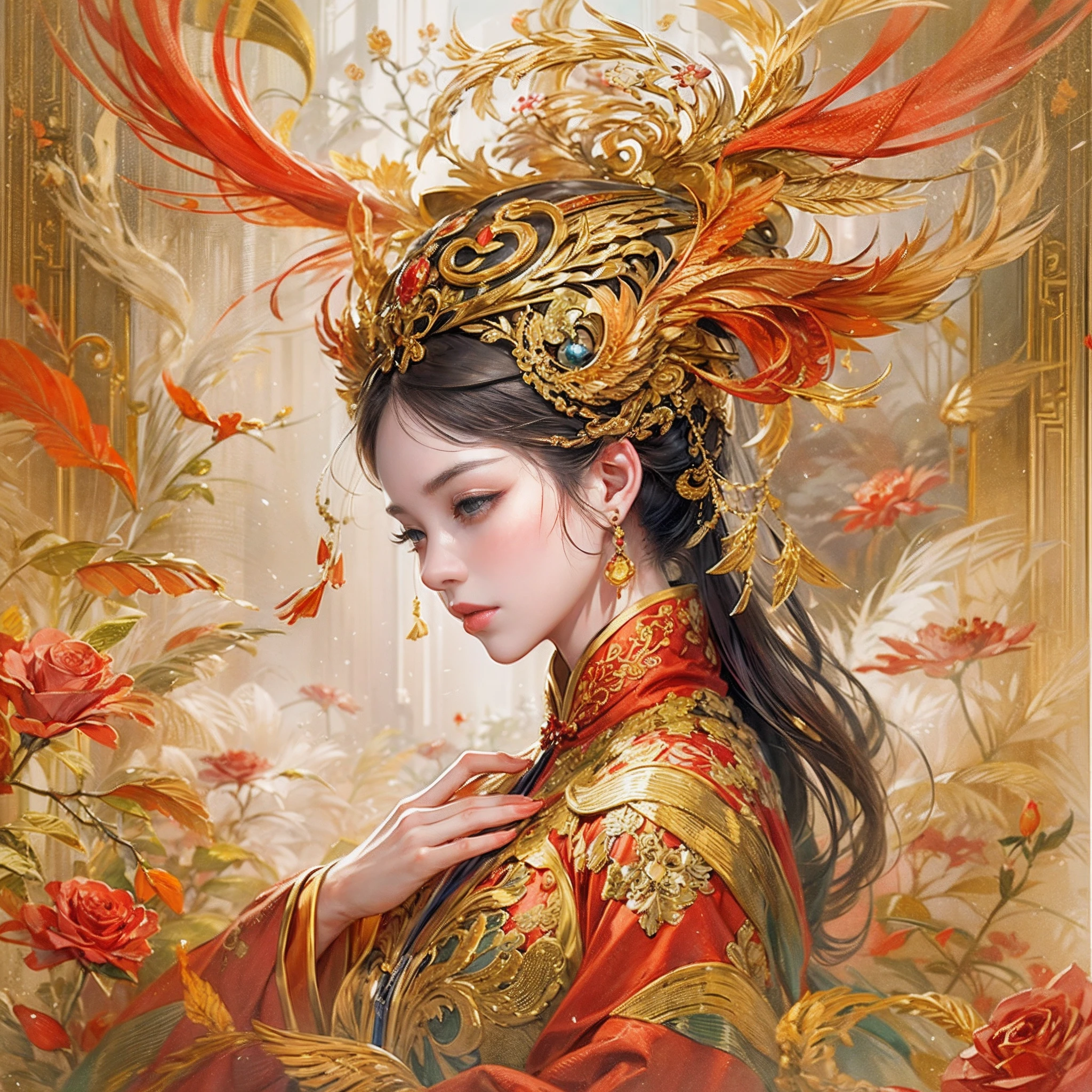 A woman wearing a red and gold Chinese dress，Phoenix crown,anatomy correct, (Exquisite helmet)，Delicate pattern，Oriental elements，Ink painting style, Clean colors,Pink rose space, Soft lighting, ( Bokeh)，Masterpiece, Super detailed, Epic composition, Highest quality, 16K，