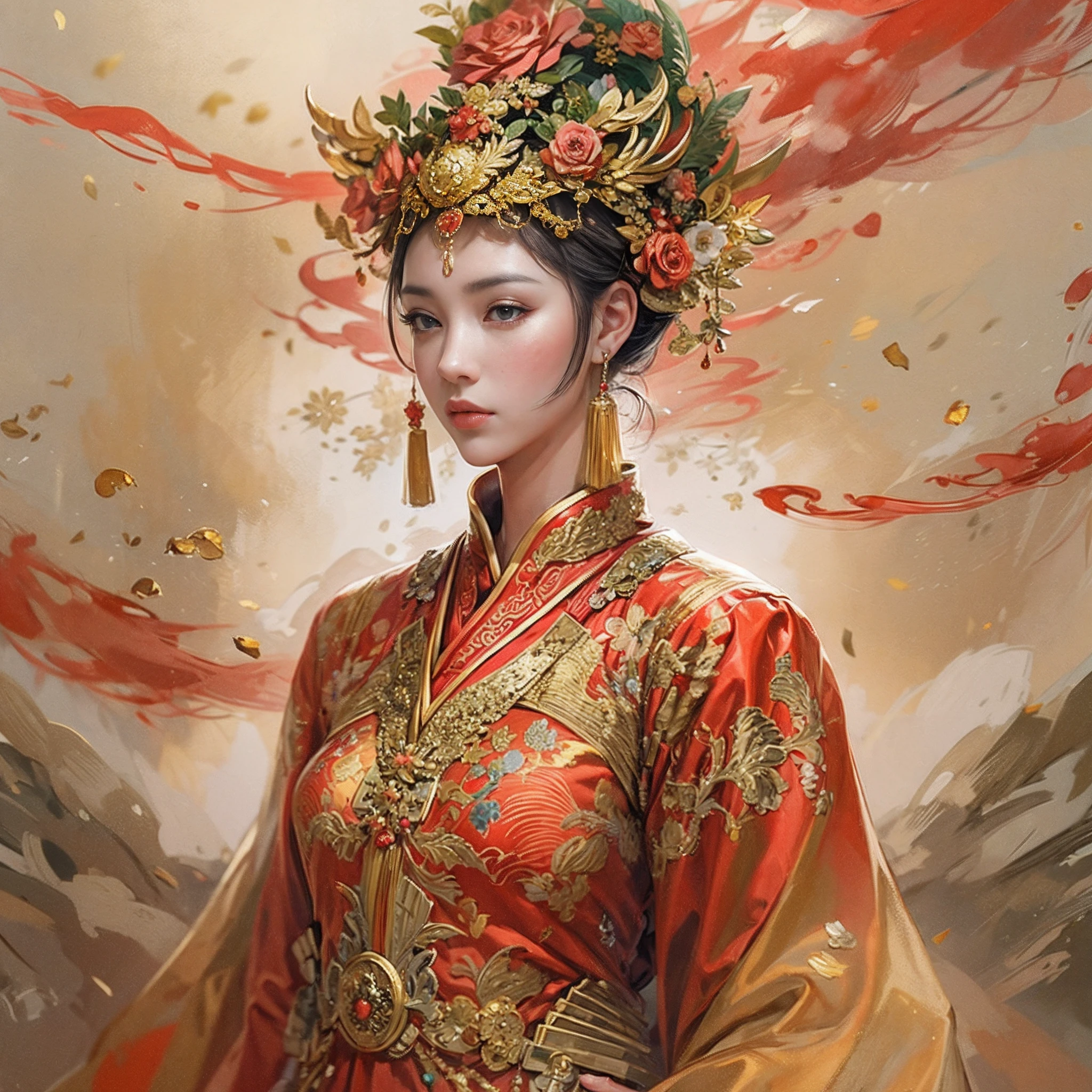 A woman wearing a red and gold Chinese dress,Phoenix crown,anatomy correct, (Exquisite helmet),Delicate pattern,Oriental elements,Ink painting style, Clean colors,Pink rose space, Soft lighting, ( Bokeh),Masterpiece, Super detailed, Epic composition, Highest quality, 16K,