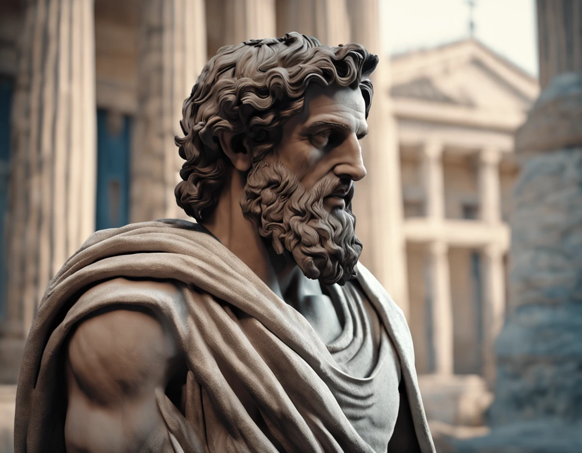 A Strong full body man, classical Greek wise philosopher, Stoic posture, Greek god, sapience, walking at the ancient greek city, cinematic sensation, ultra realistic, Ultra detailed and handmade in all aspects, Dark, 8k, cinematics, realism