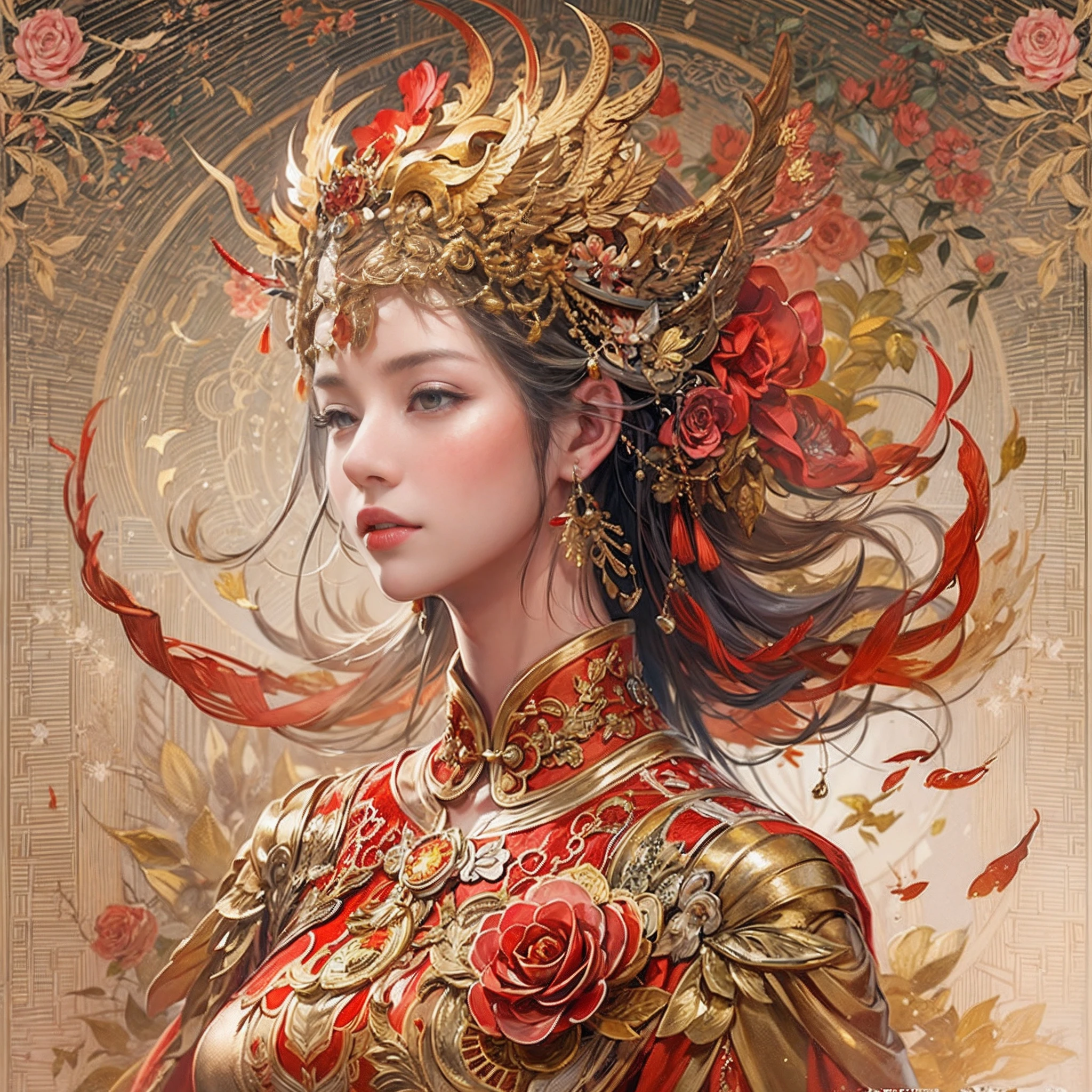 A woman wearing a red and gold Chinese dress，Phoenix crown,anatomy correct, (Exquisite helmet)，Delicate pattern，Oriental elements，Ink painting style, Clean colors,Pink rose space, Soft lighting, ( Bokeh)，Masterpiece, Super detailed, Epic composition, Highest quality, 16K，