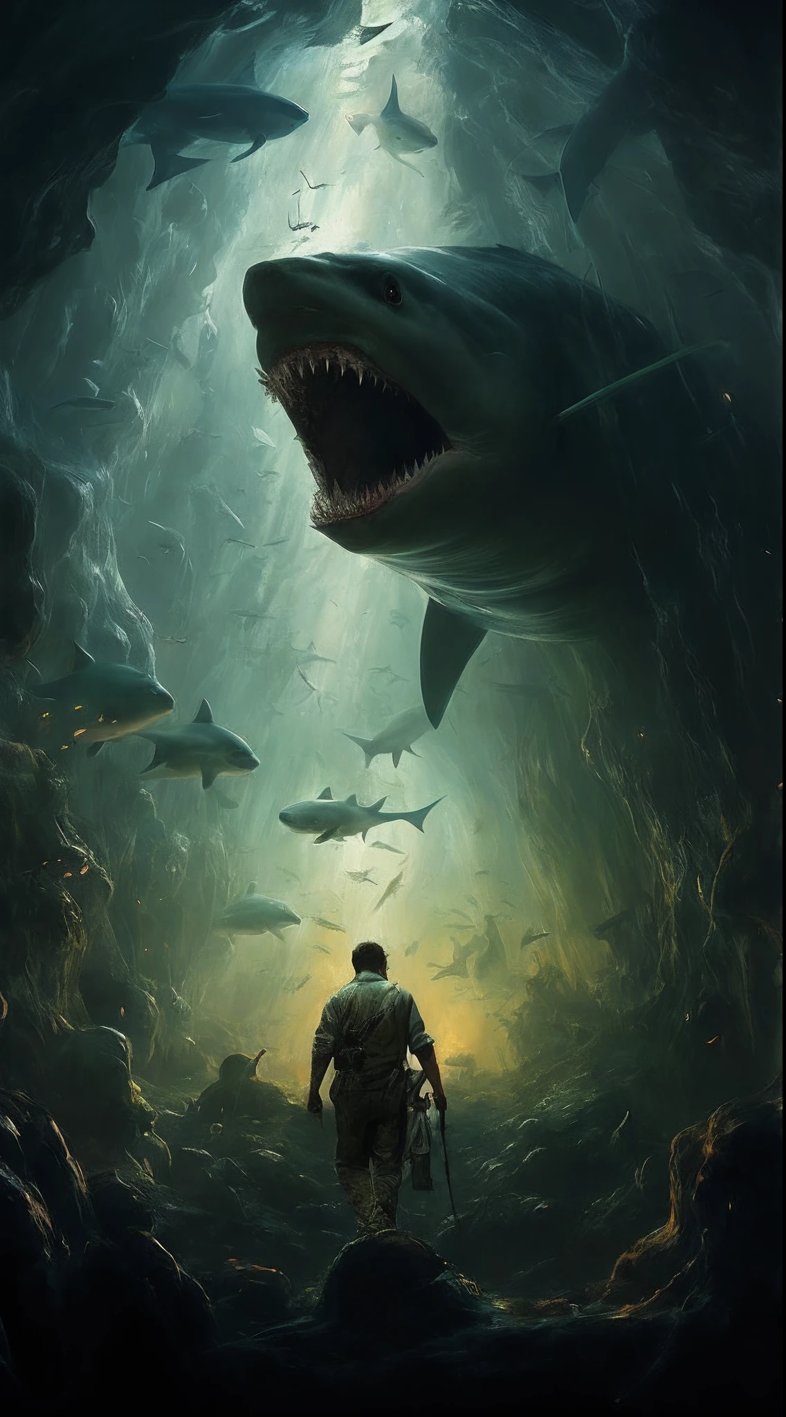 a man standing in a cave with a shark and a shark in the background, arte da capa de um livro, talassofobia, Epic poster art, arte de terror sci-fi, epic fantasy sci fi illustration, epic surrealism 8k oil painting, Sylvain Sarrail e Igor Morski, Horror em Mar Profundo, Stefan Koidl inspirado, Wojtek FUS