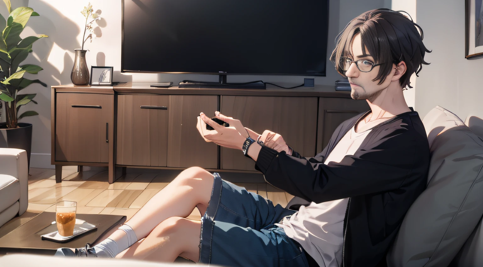 (4K, Best picture quality, A high resolution:1.1), (Masterpiece:1.1),In front of the TV at home,Dark light,A middle-aged man,sitting in the couch,Gray hair,little beard,Wearing glasses,Casual clothing,details on facial expressions,The expression was surprised