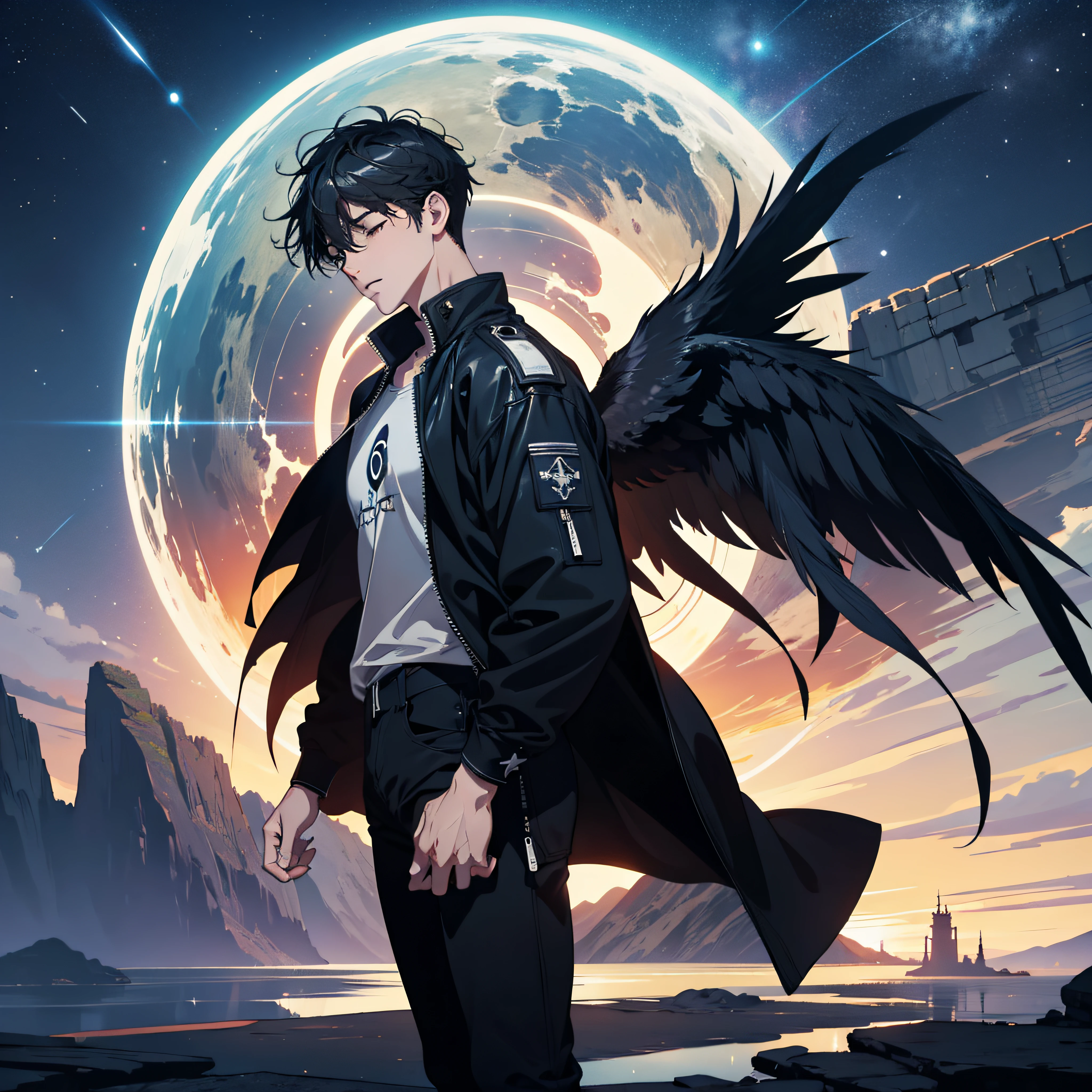 ((Best Quality, 8K, Masterpiece)), landscape, in front of portal, closed eyes, young man with black hair, black jeans, amazing scenery, hundreds of stars forming a circle, center of cyborg city, futures, bring magic power in hands, the edge of the world, outstanding art, reflection, wings on back, raven wings, light coming from above, eye catching.
