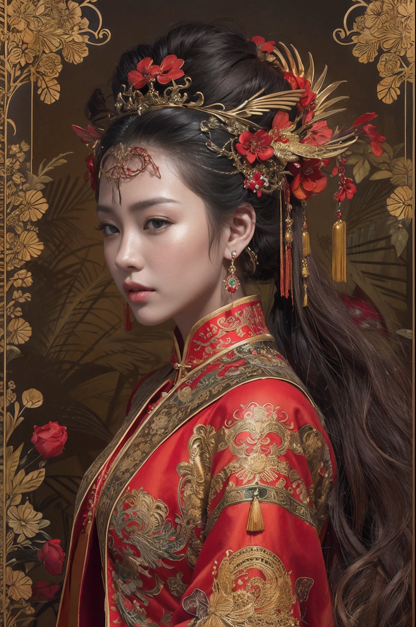 A woman in a red and gold Chinese dress，Phoenix crown，a chinese wedding，（tmasterpiece，top Quority，best qualtiy，offcial art，Beauty and aesthetics：1.2），（1girll：1.3），The is very detailed，（s fractal art：1.1），Most detailed，（ zentangle:1.2), full bodyesbian, (abstract backgrounds:1.3), (Shiny skin), (many color:1.4), ,(Earrings), (feater:1.5),