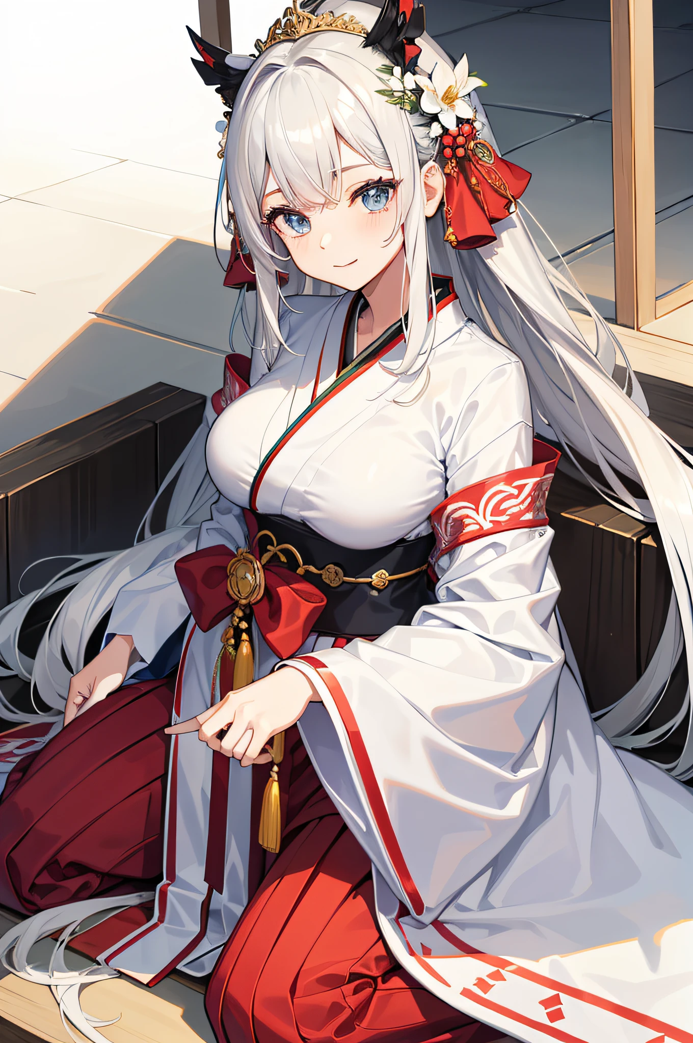 Big sister aura, manga destacada, casado, Noiva japonesa, casamento, Saia Hakama casamento, Nadeshiko Yamato, 1girl, sozinho, ao ar livre, menina modelo japonesa bonito, cabelos muito longos, estampa floral, ornamento do cabelo do casamento, quimono de casamento, Hakama, franja, (master part, melhor qualidade, Fotos HD, 4k:1.4), olhar suave, sorriso suave, olhos gentis, mature appearance, bochechas rosadas, olhos muito detalhados, alunos muito detalhados, cabelo muito detalhado, Furisode, Flower Head Accessories, Do POV frontal, Rosto detalhado, corpo inteiro, Procurar para o visualizador,