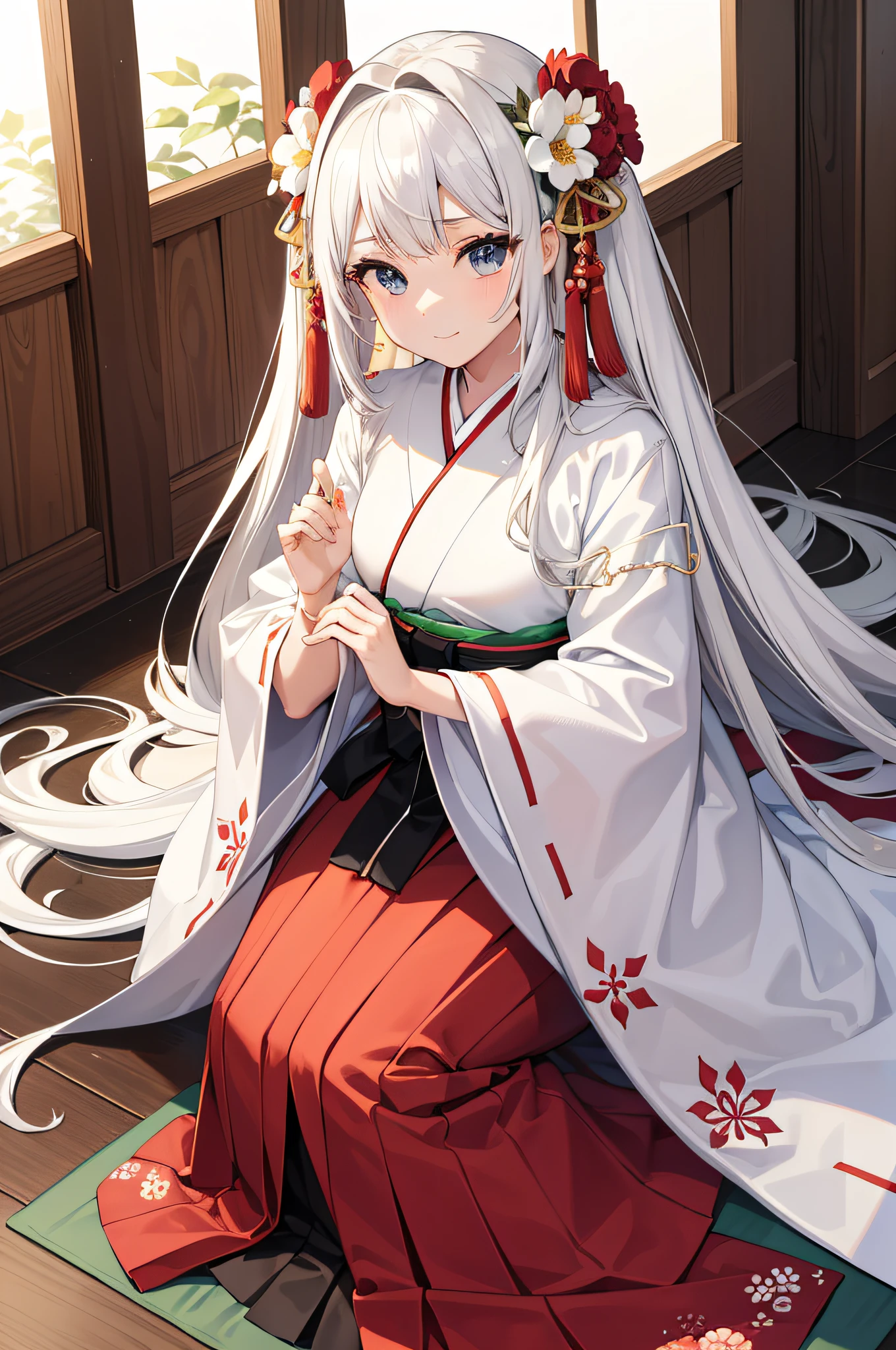 Big sister aura, manga destacada, casado, Noiva japonesa, casamento, Saia Hakama casamento, Nadeshiko Yamato, 1girl, sozinho, ao ar livre, modelo japonesa bonito, cabelos muito longos, estampa floral, ornamento do cabelo do casamento, quimono de casamento, Hakama, franja, (master part, melhor qualidade, Fotos HD, 4k:1.4), olhar suave, sorriso suave, olhos gentis, mature appearance, bochechas rosadas, olhos muito detalhados, alunos muito detalhados, cabelo muito detalhado, Furisode, Flower Head Accessories, Do POV frontal, Rosto detalhado, corpo inteiro, Procurar para o visualizador,