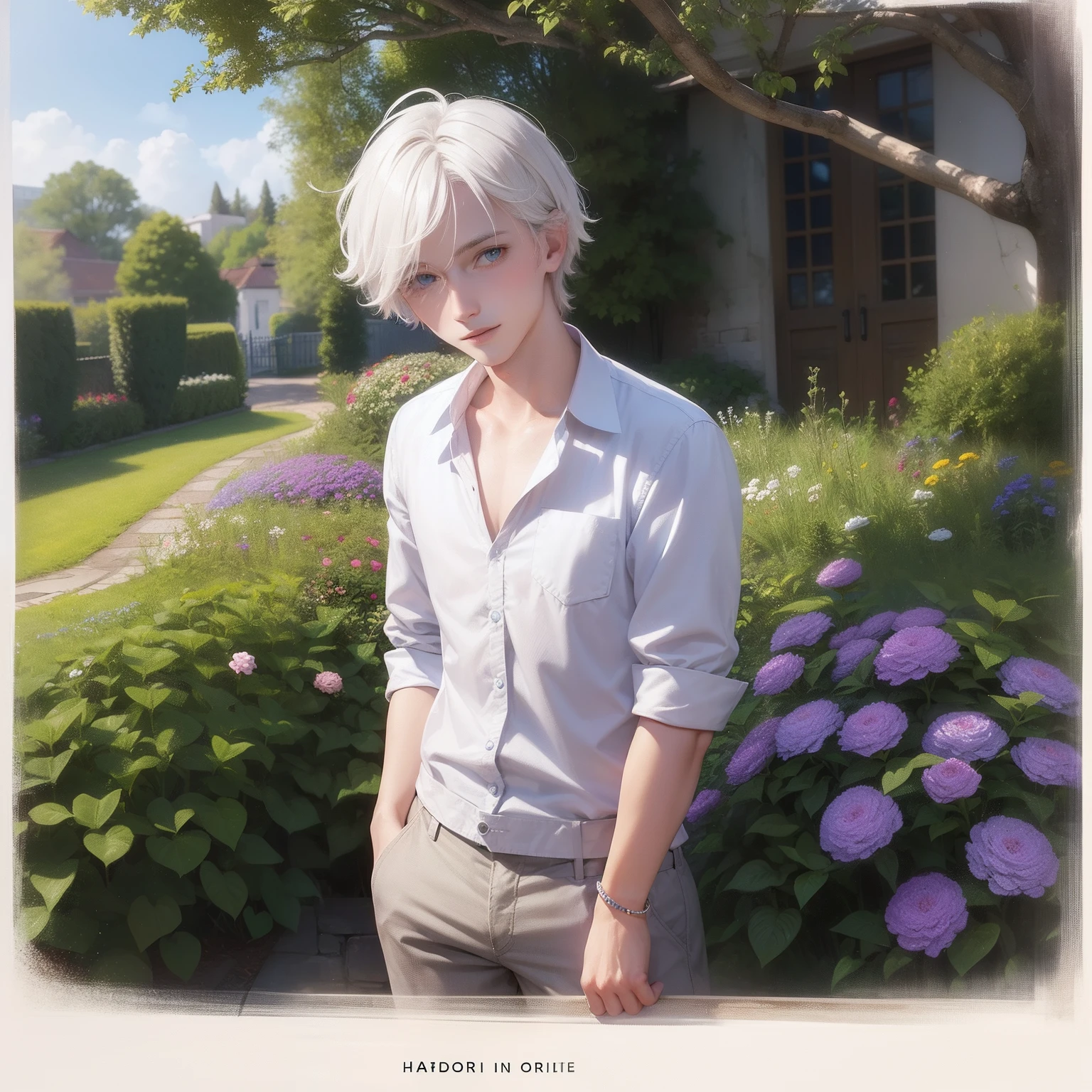 1man, 20 Years, white short hair, blue high detailed eyes, little smile, outside, garden background, only face