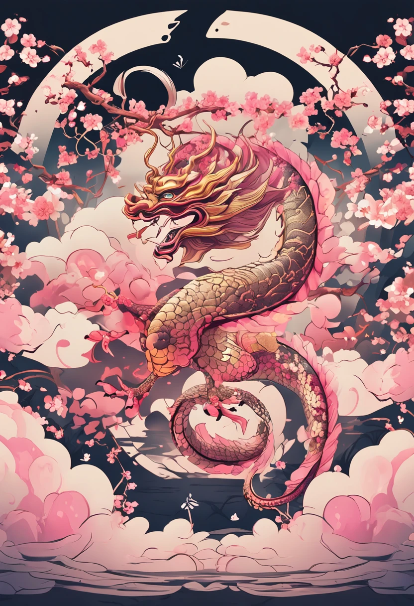 A logo、masterpiece、(white backgrounid:1)、Golden Chinese dragon surrounded by white clouds、Pink cherry blossom tree、flower petals、the wind、Deities、long wavy body、tusk、Fantasia、myth、hightquality、ighly detailed、masterpiece、epic poem、Particle effect、Dynamic effects、Sun in the background