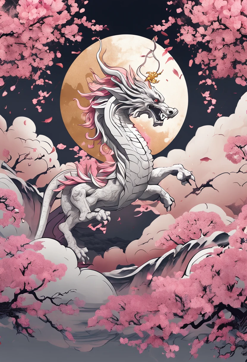 A logo、masterpiece、(white backgrounid:1)、Golden Chinese dragon surrounded by white clouds、Pink cherry blossom tree、flower petals、the wind、Deities、long wavy body、tusk、Fantasia、myth、hightquality、ighly detailed、masterpiece、epic poem、Particle effect、Dynamic effects、Sun in the background
