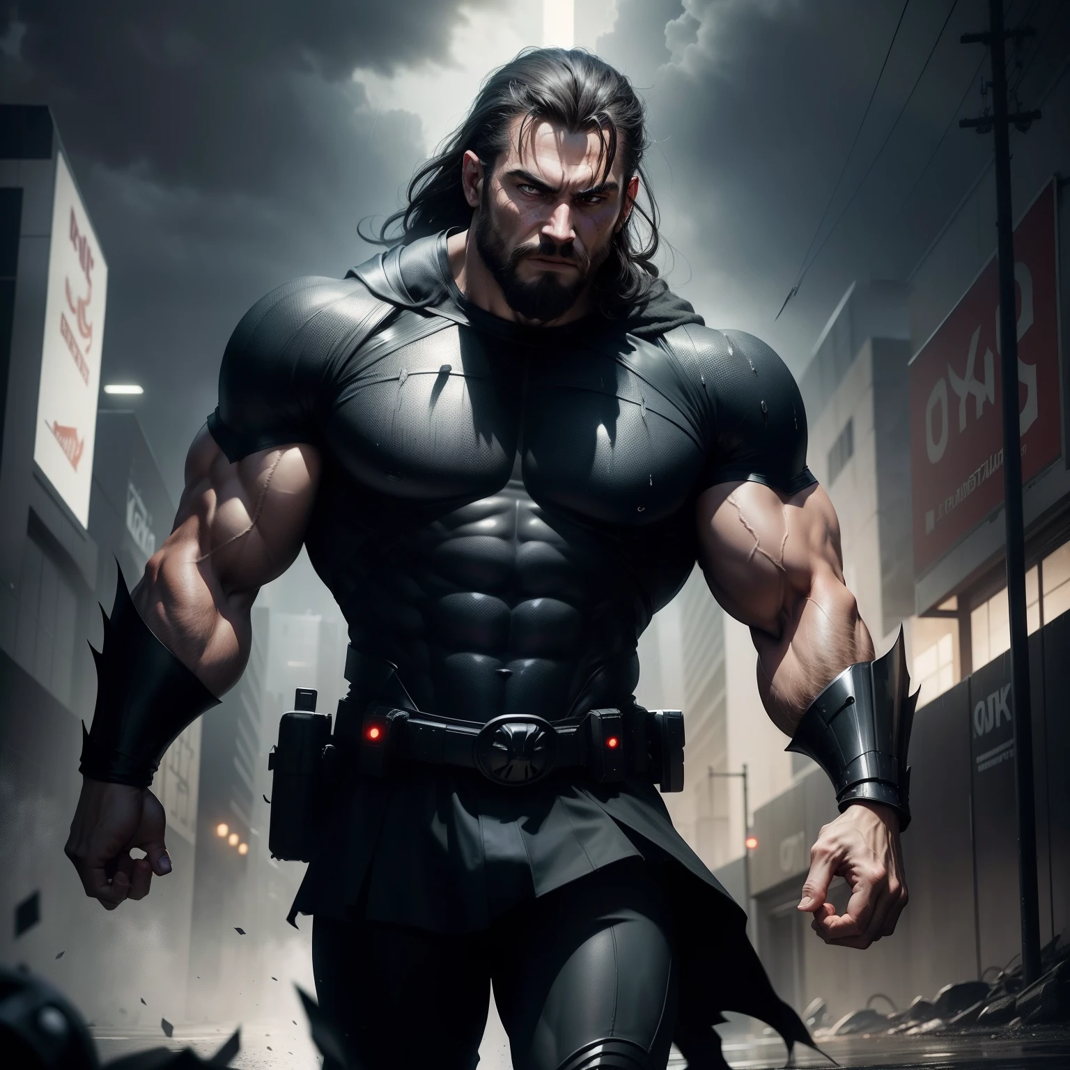 uaest quality)), ((Masterpiece)), ((Realistic)) dark vader, walking towards,, , light tee shirt, exaggerated muscles, futuristic, fangs, silhouette, facing forwards, , raining, cinematic, passport potrait, robotic, viking stressed, pointing exaggerated finger directly at the camera