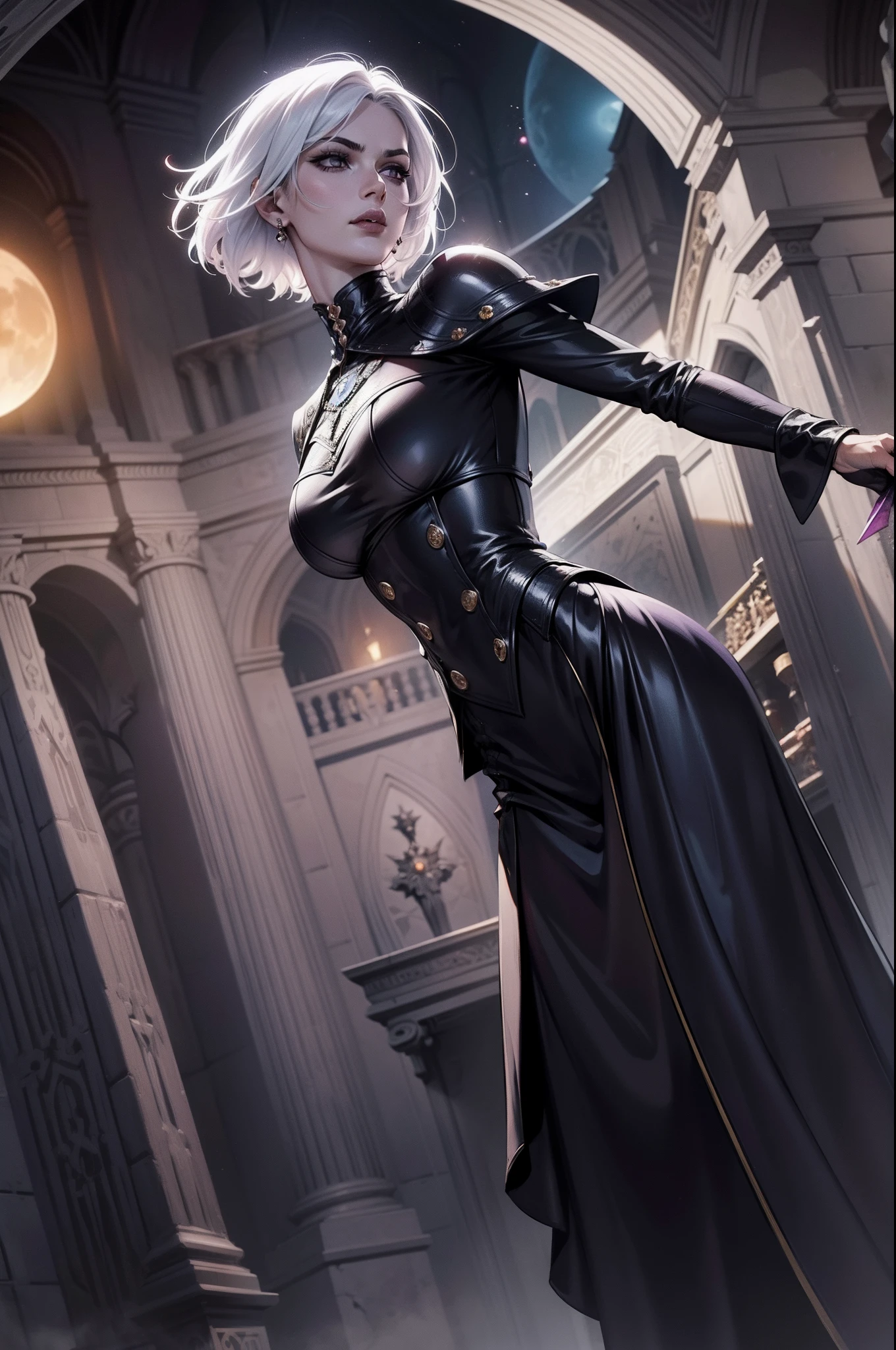 An adult vampire magician character wearing a very detailed and beautiful gothic armor. Seu cabelo com corte curto. White hair color. Lip color: black, purple eye color, manto, capuz, Eclipse at the apex of the image, Sanctuary, Magnificent, 8k, with an air of importance and grandeur. Capa vermelha flutuante, personagem centralizada, capuz, serious facial expression, se olhando no espelho, short hair falling over the eye, statues, espelhos
