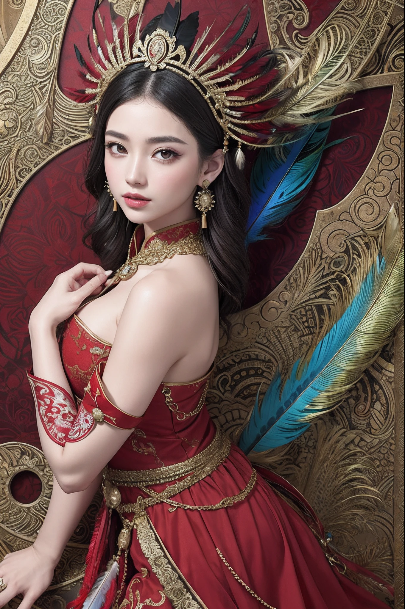A woman in a red and gold Chinese dress,Phoenix crown,(tmasterpiece,top Quority,best qualtiy,offcial art,Beauty and aesthetics:1.2),(1girl:1.3),The is very detailed,(s fractal art:1.1),Most detailed,( zentangle:1.2), full body, (abstract background:1.3), (shiny skin), (many colors:1.4), ,(earrings), (feathers:1.5),