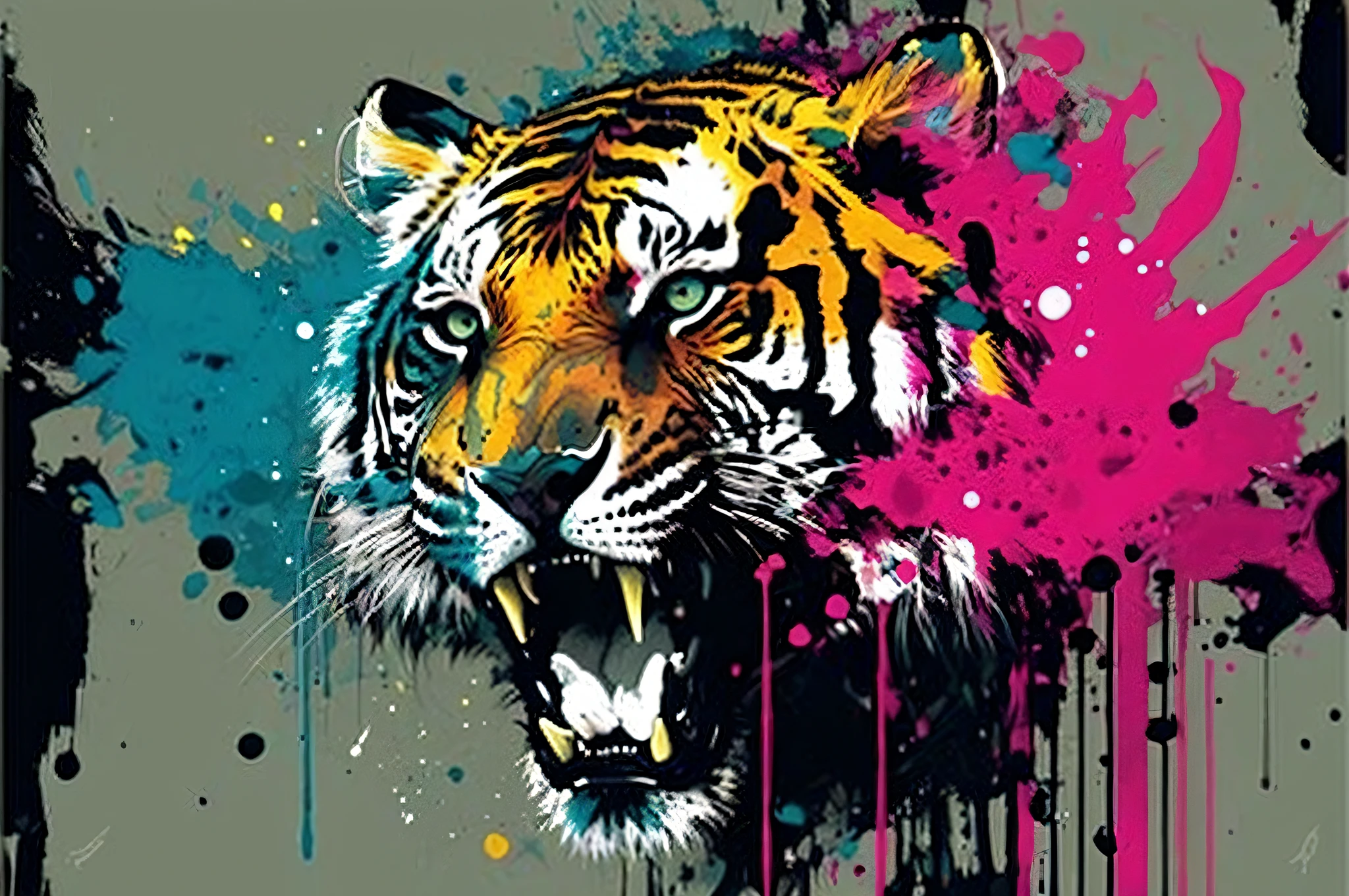 a tiger with paint splatters on it's face, tiger, ((tiger)), tiger head, gorgeous art, half tiger, a tiger, art of alessandro pautasso, beautiful art, expressive beautiful painting, cosmic tiger, wild style, colour splash, tiger face, colourful explosion, wild colors, sacred tiger, animal painting, bright colors highly detailed