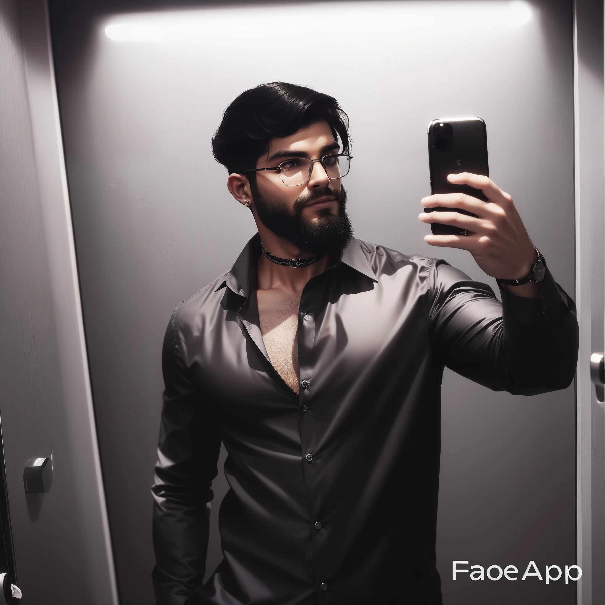 ((Man),(Stylish glasses),(elegante),(nice hair),(barba),(Camisa de couro preta),(iPhone 11 preto),(Selfie),(Espelho de elevador cinza),(elegantee))