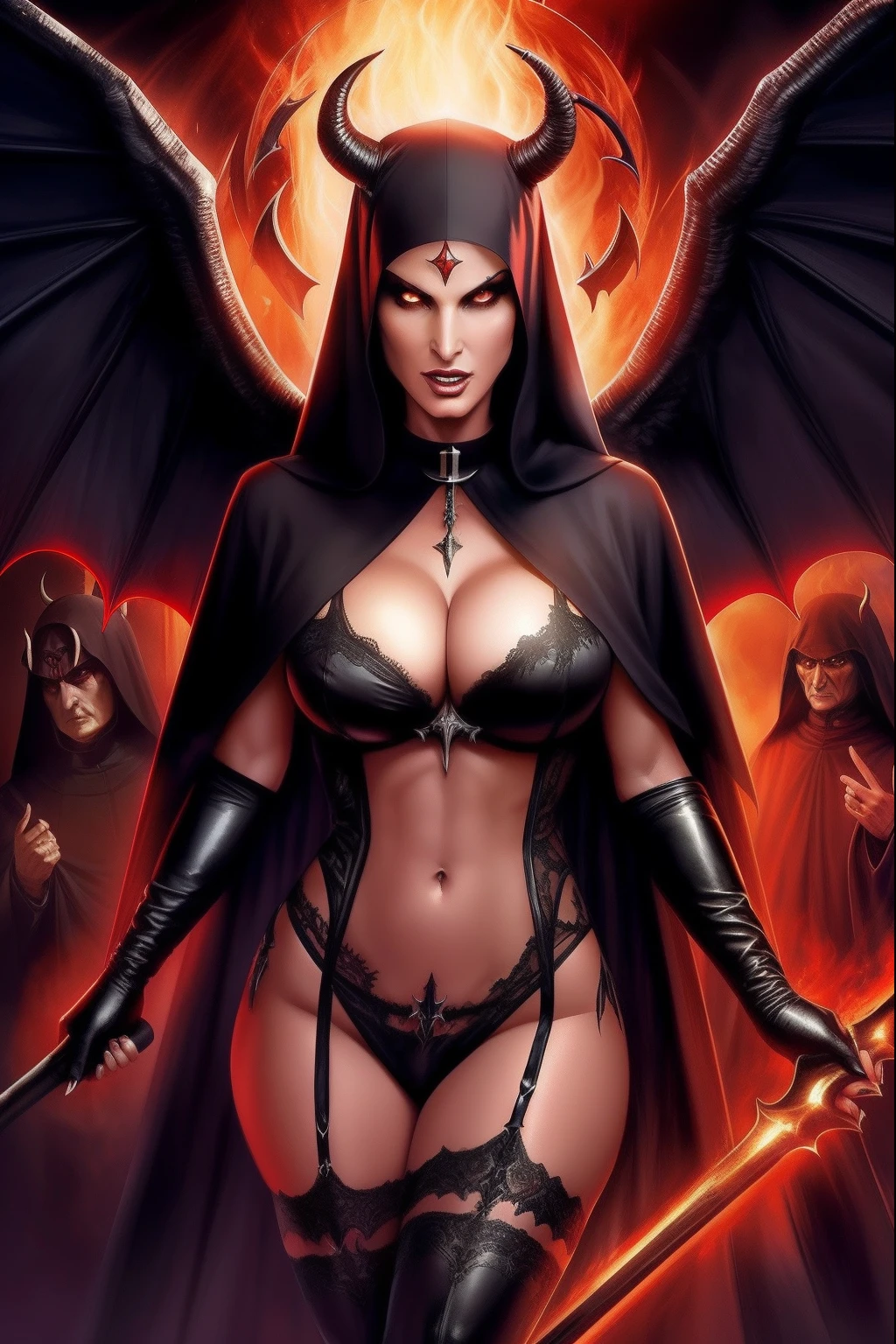 Lisa Ann: The evil nun, Demon horn on the head, demon wings,diabolique, insidieux, Context of the Satanic Church, Realistic detailed eyes