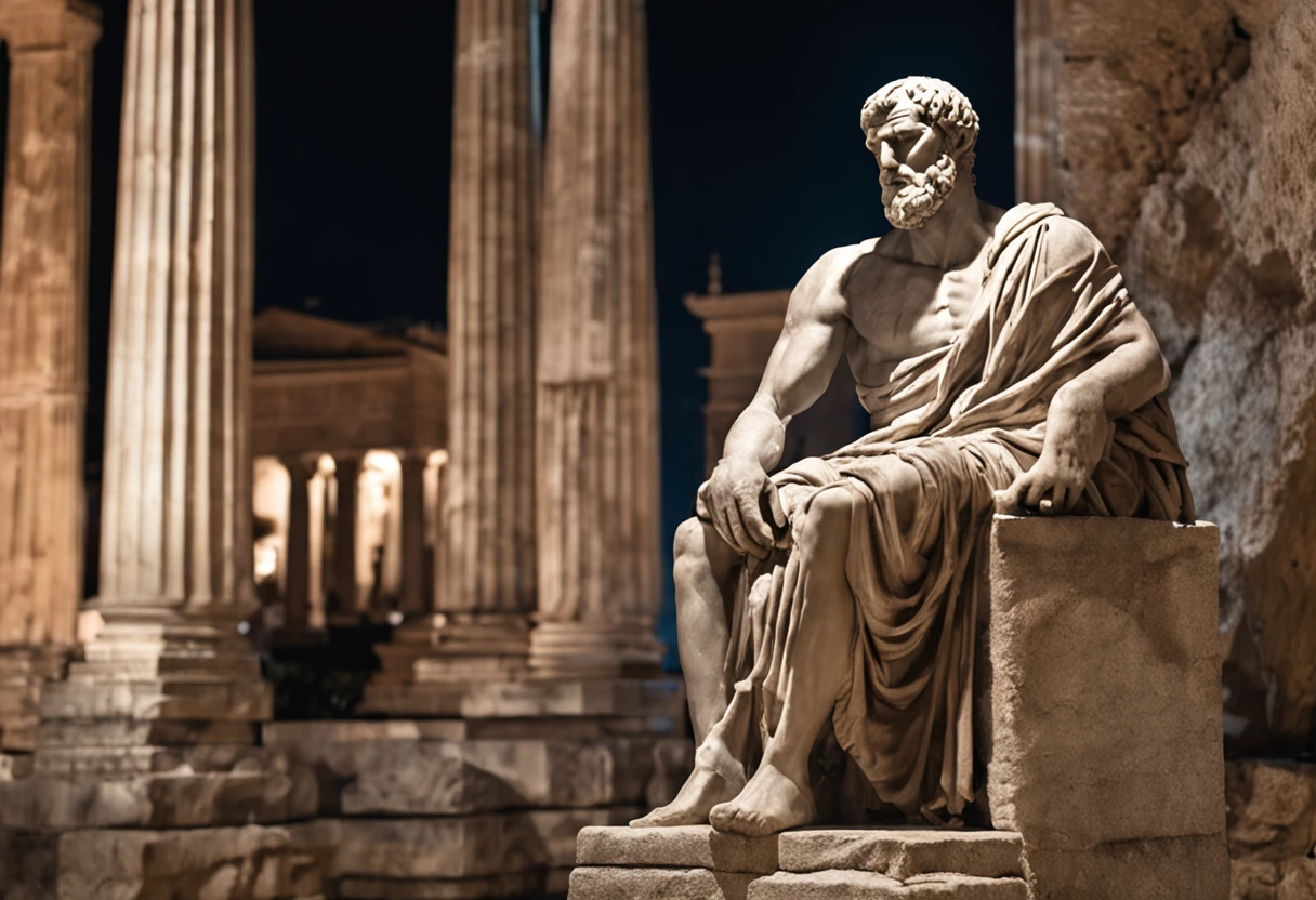 Seneca's statue of a man sitting standing in the Greco-Roman temple at night, Illumination of the Dark Night Moon, divino e estoico, Estoicismo, estoico and calm, stoic, Stoic attitude, Pose estoica, eStoic face, philosophical, philosopher, classical statue, Marble statues, eStoic facial expression, an ancient greek statue, greco roman statue, templo greco-romano