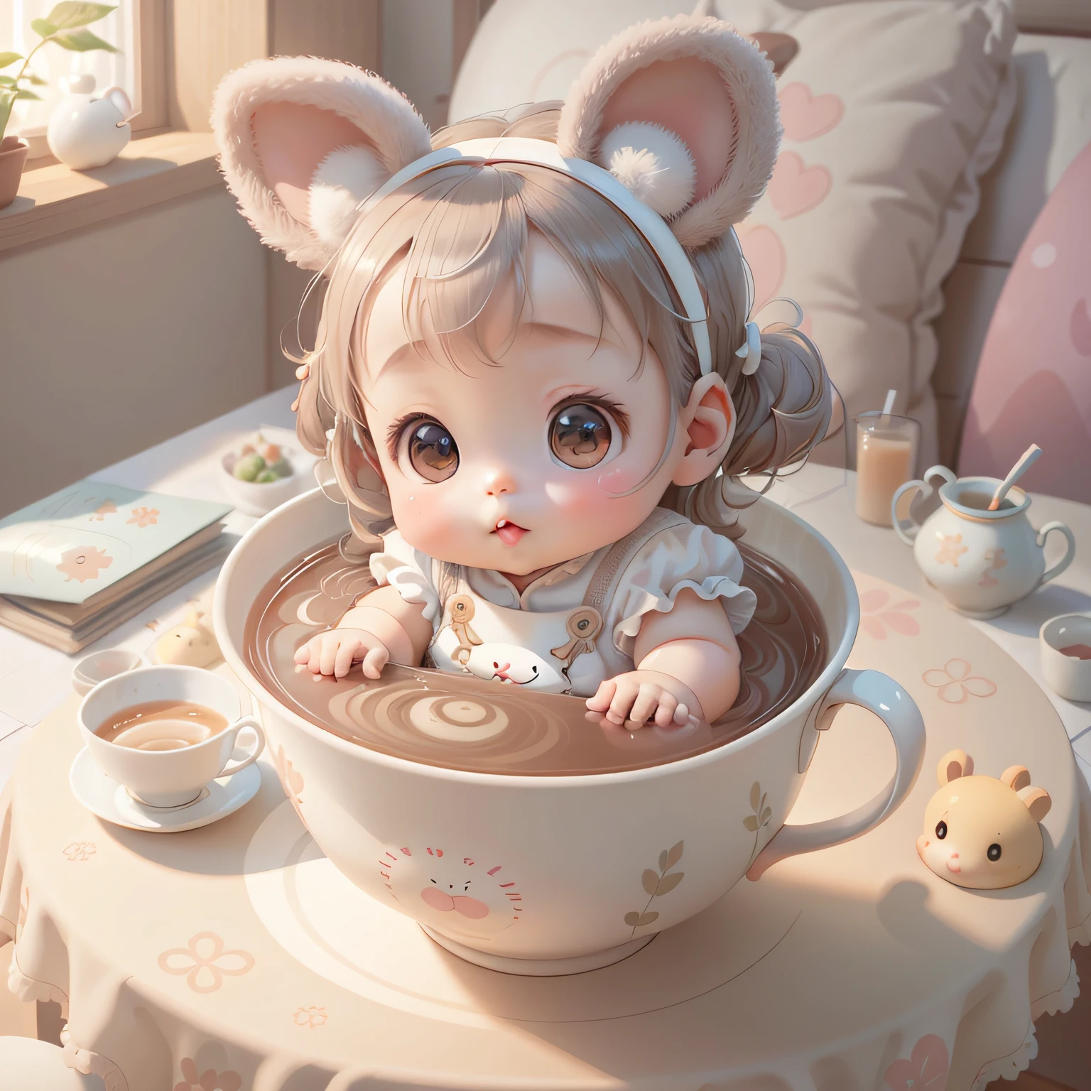 (Extremely cute and delicate CG illustration, Ultra-detailed and ultra-high-quality),A cute baby girl，Chinese baby girl，Wearing rabbit ears，Sit at the table and drink milk tea