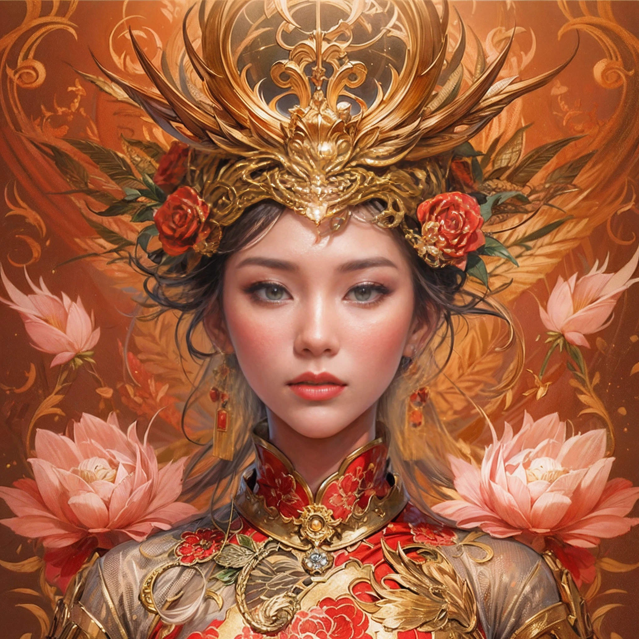 A woman in a red and gold Chinese dress，Phoenix crown,anatomy correct, (Exquisite helmet)，Delicate pattern，Oriental elements，Ink painting style, Clean colors,Pink rose space, Soft lighting, ( Bokeh)，Masterpiece, Super detailed, Epic composition, Highest quality, 4K，