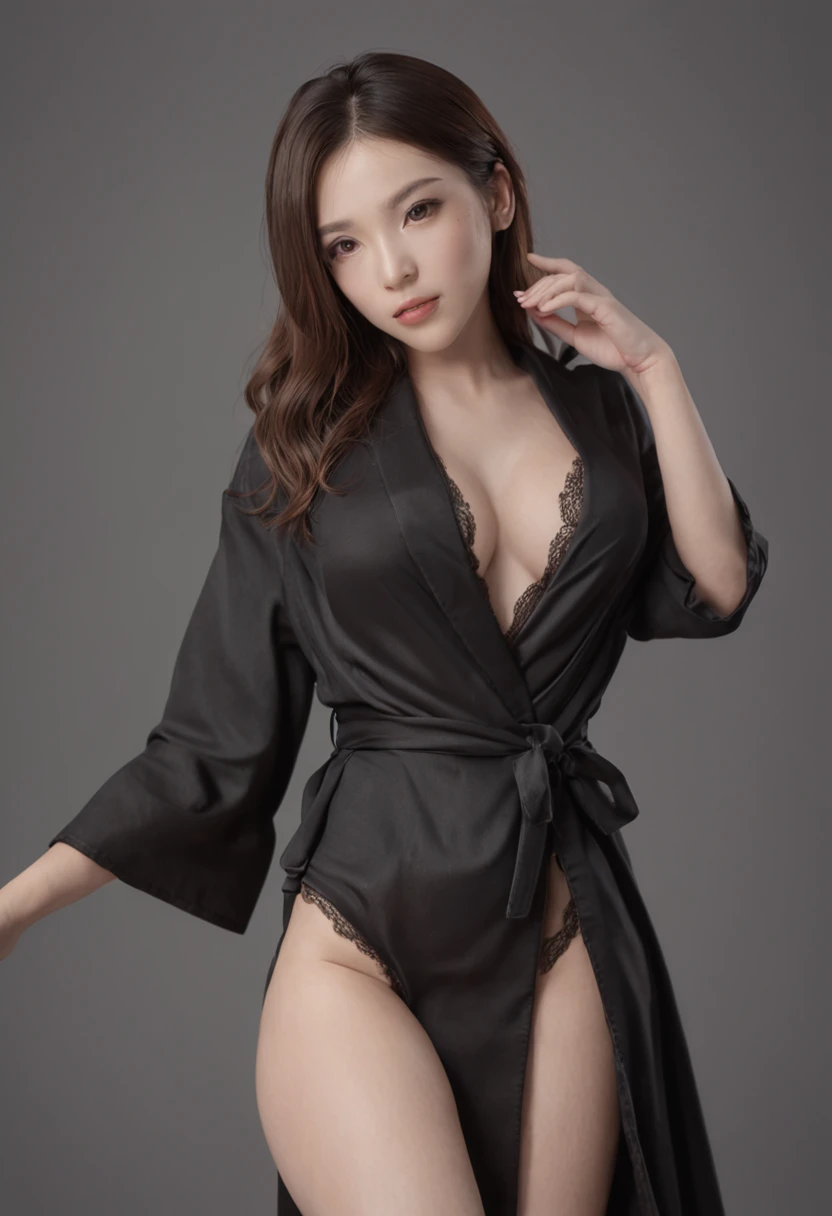 best qualtiy，tmasterpiece，超高分辨率（VirtualGirl-Aim）（Realistic1.2）（Photorealistic：2.0）Open black bathrobe，Lie flat on the table，full bodyesbian，Brown hair long，Very detailed facial features，Delicate facial expressions，taut skin，Bare body，spreads her legs apart，Spread your thighs apart，Over the knee black stockings 1.2