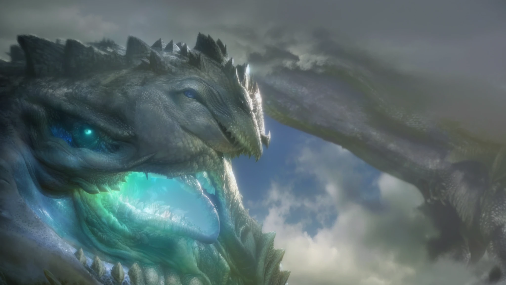 a close up of a dragon with a large mouth and a big tooth, from pacific rim, jormungandr, colossal dragon as background, frost dragon, blue scaled dragon, giant kaiju dragon monster, by Arthur Pan, colossal dragon in background, giant dragon flying in the sky, avatar image, trex from godzilla (2014)