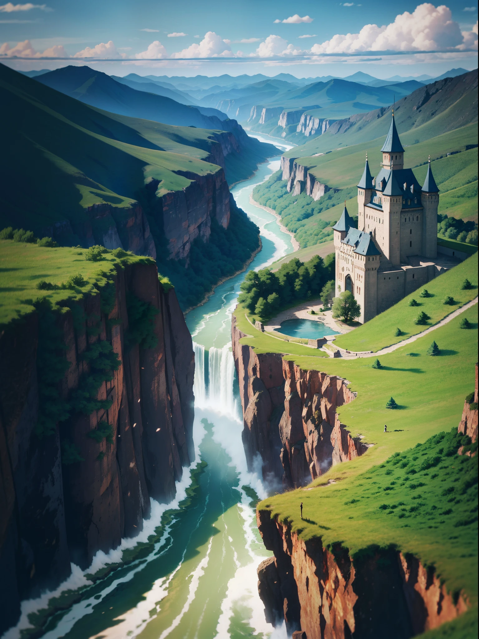 There is a castle on the vast steppe,Next to the castle there is a rushing stream that flows into the distance,There are some scattered dilapidated buildings around,