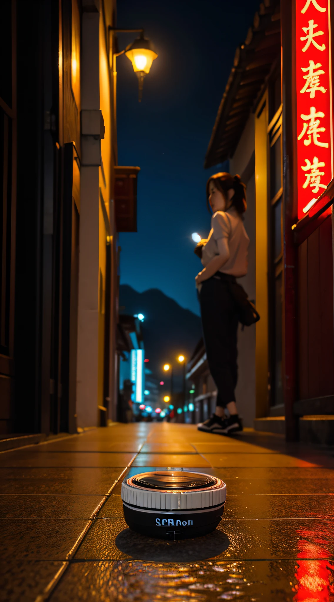 soda product on the floor, with a view behind a Chinese village with the night weather with several neon lights, with a fixed, straight view of the product and the village just behind it, super realista e extrema qualidade, using Canon EOS R3 camera, e usando a lente CANON Lente Canon 50 mm EF, full hd