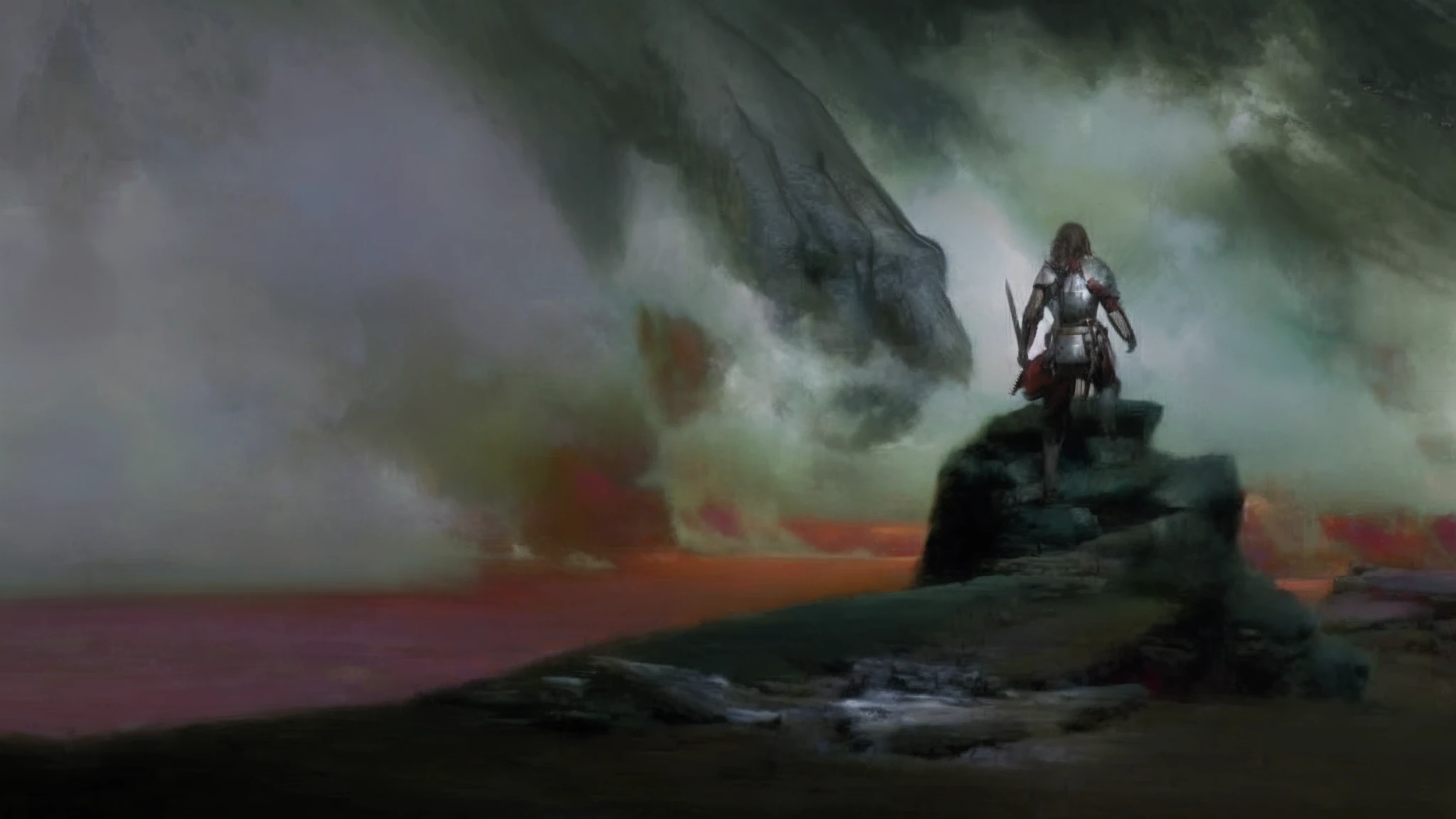 painting of a man standing on a rock in front of a large body of water, dramatic concept art, fantasy concept painting, cinematic fantasy painting, inspired by Noah Bradley, an ominous fantasy illustration, dramatic lighting. concept art, concept art painting, amazing concept painting, concept painting, high fantasy concept art, inspired by Craig Mullins, grimdark matte fantasy painting