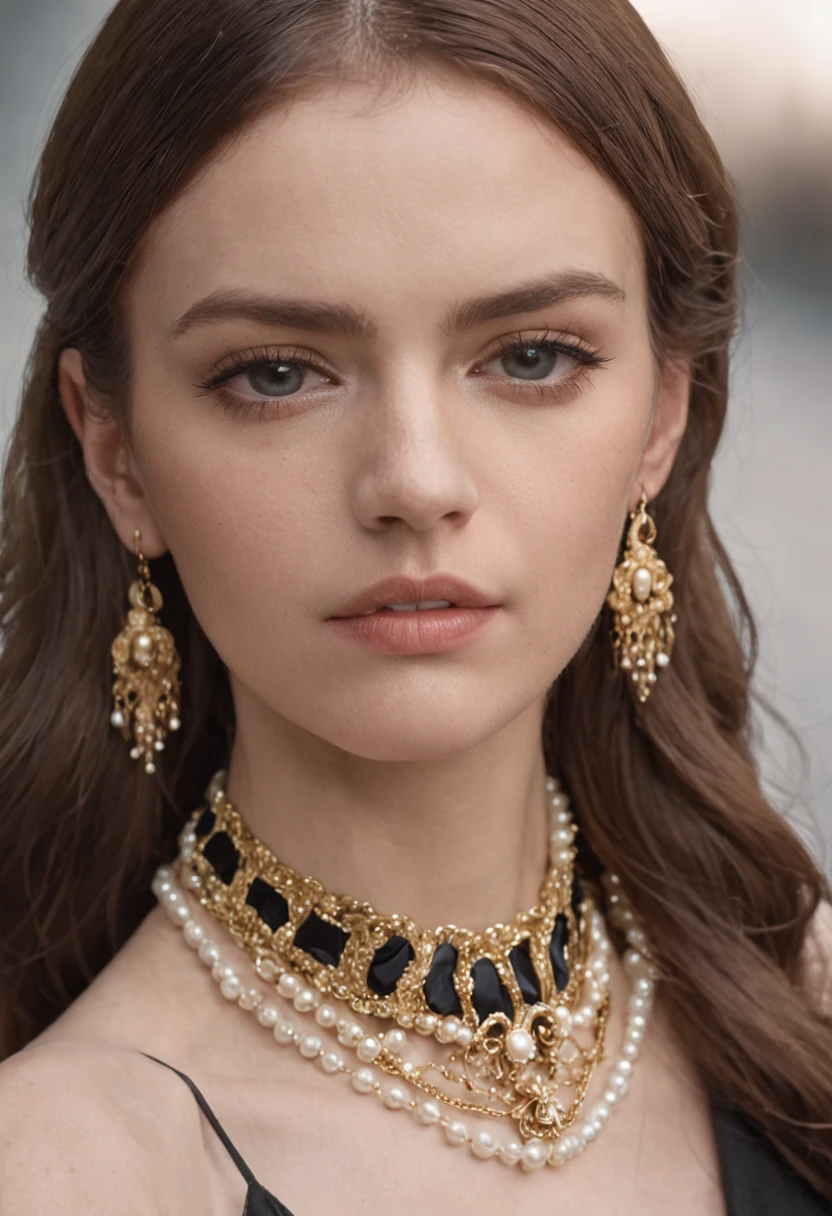 arafed woman with long brown hair wearing a black dress and a necklace, pearls and gold chains, by Emma Andijewska, sultry look, opulent pearl necklace, gold and pearl necklaces, girl with a pearl earringl, pearls and chains, julia sarda, close up portrait shot, close portrait, portrait image, inspired by Elsa Bleda