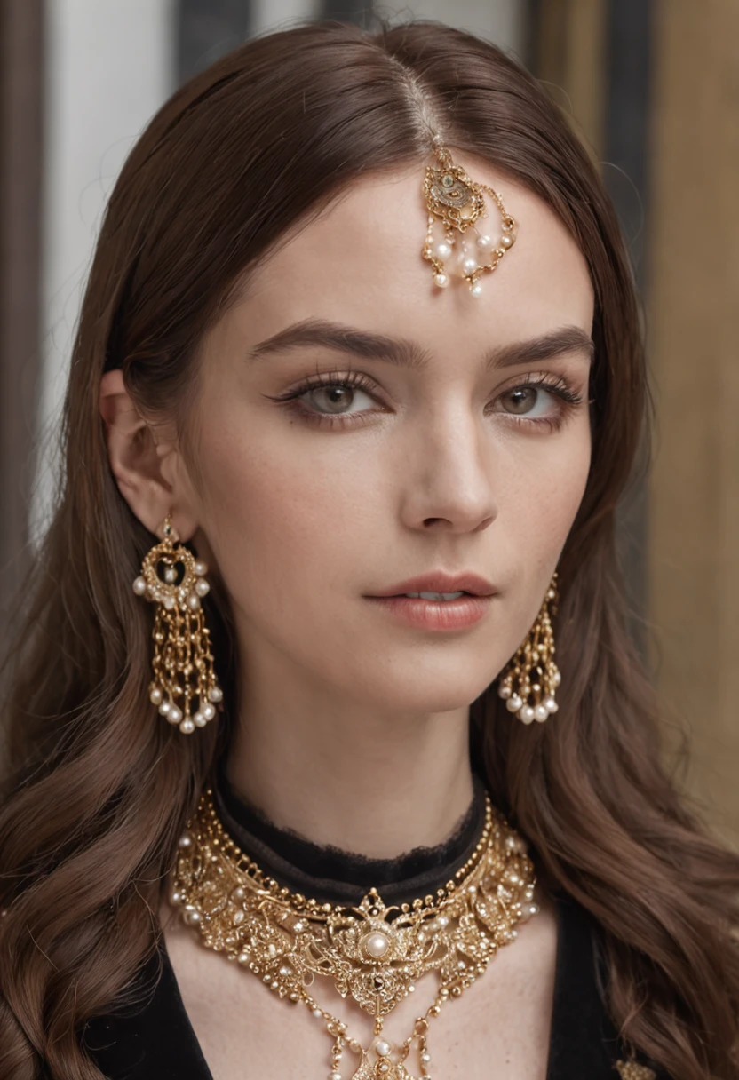 arafed woman with long brown hair wearing a black dress and a necklace, pearls and gold chains, by Emma Andijewska, sultry look, opulent pearl necklace, gold and pearl necklaces, girl with a pearl earringl, pearls and chains, julia sarda, close up portrait shot, close portrait, portrait image, inspired by Elsa Bleda