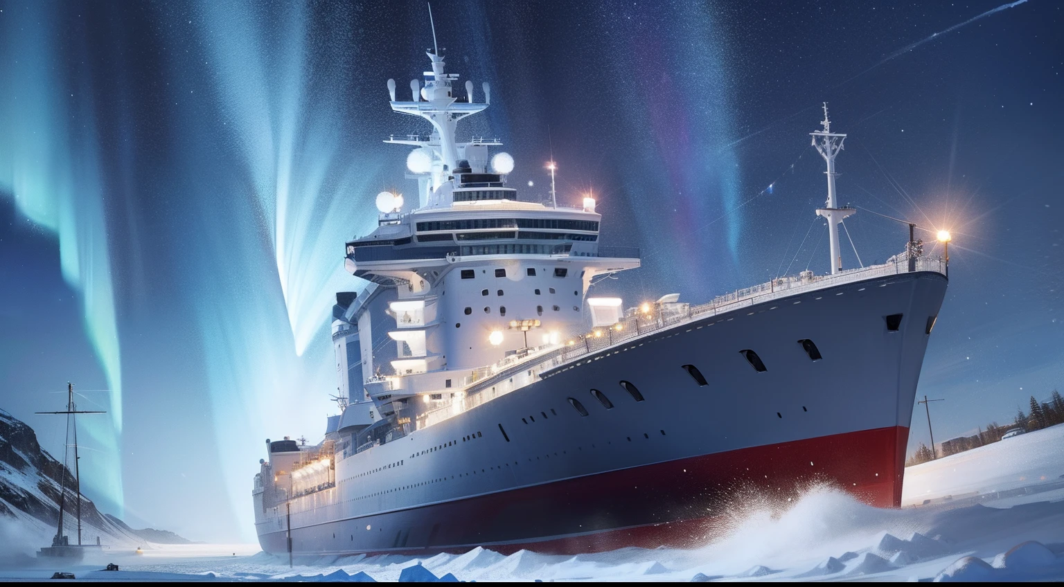 Furry mascot,Furry Fur,Furry snow leopard,Lovely image,snow leopard,Cute furry,Large research vessels,Snow leopard on ice,Beautiful aurora,Look at the aurora, Long, Fluffy tail,In the Arctic,The ship is brightly lit,Cubs,is in night,nigh sky, Winters,stars,Close-up of cute characters